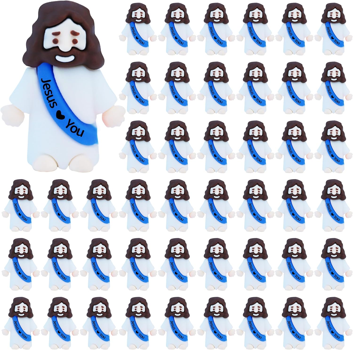 ILHSTY 50 Pcs Little Jesus Figures –Rubber Mini Jesus Figurines in Bulk Christian Doll Tiny Baby Jesus Loves You Figures for Hide and Seek Easter Egg Fillers Egg Hunt Religious Party Favors (Blue)