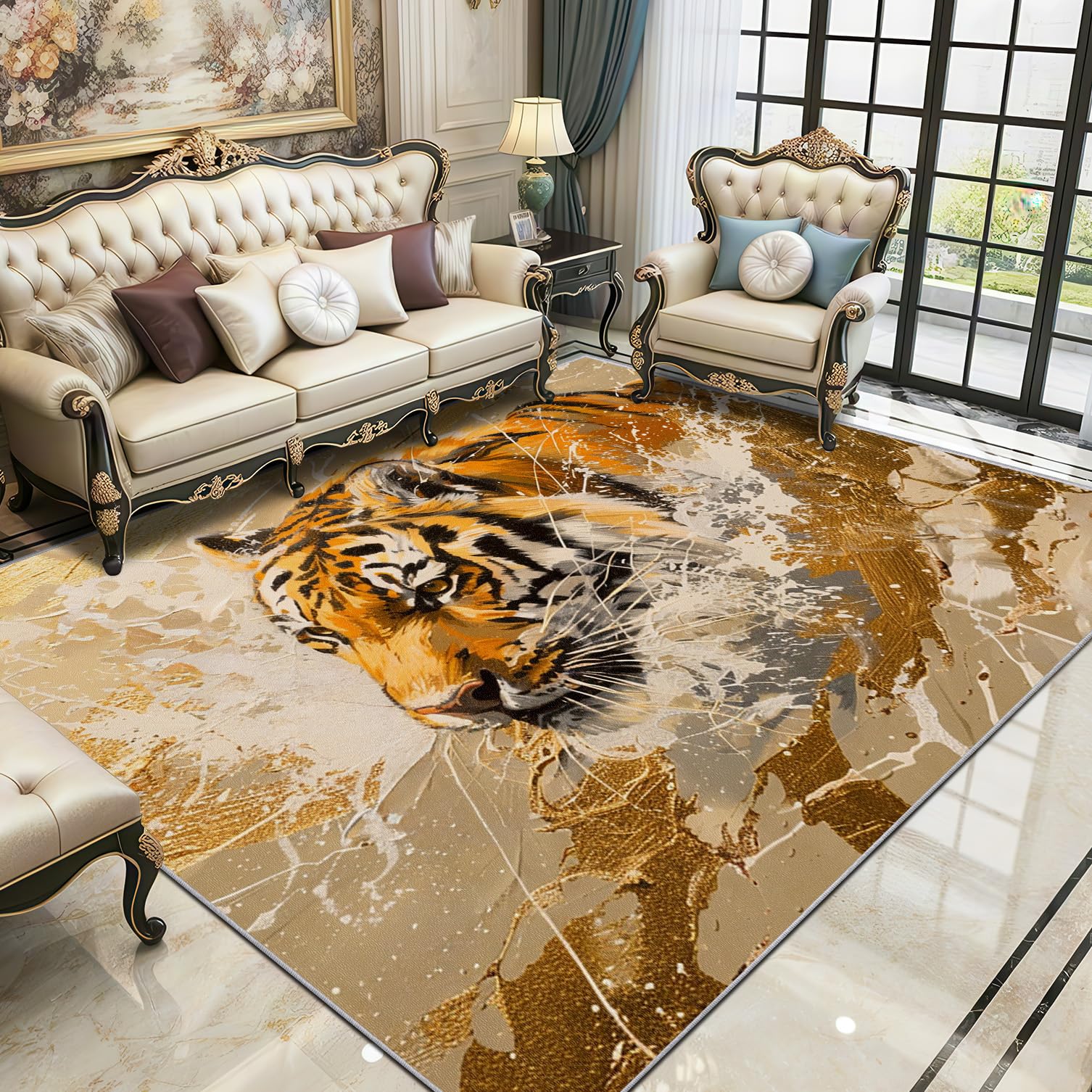 Tiger Teppich Waschbar, Abstrakt Künstlerisch Tiere Teppich 80x150 cm, Modern Wildnis rutschfest Waschbar Pflegeleicht Teppiche Für Schlafzimmer Küche, Goldorange