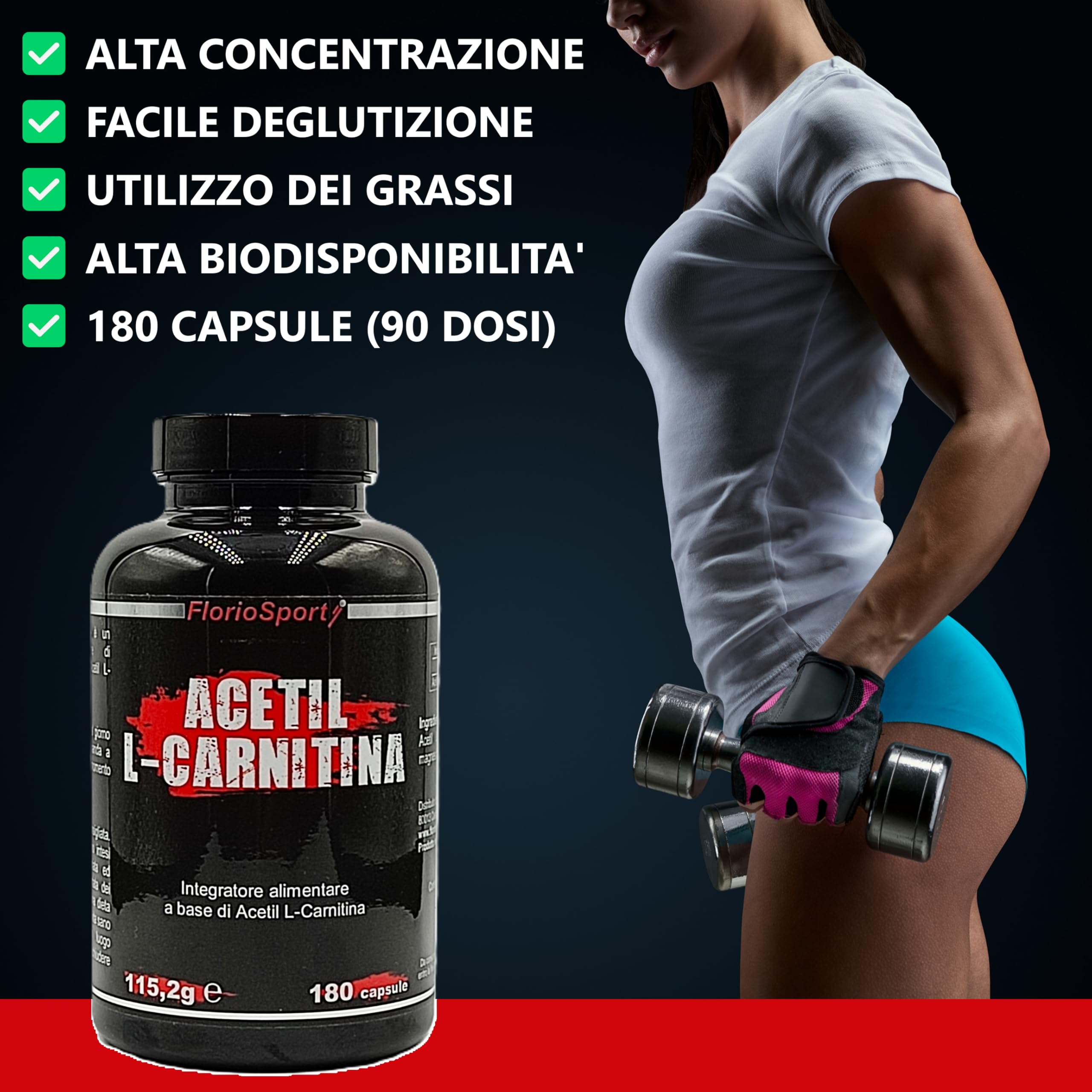 Acetil L-Carnitina FlorioSport, 180 capsule da 500 mg. (90 dosi da 1000mg) Integratore di Acetyl Carnitina