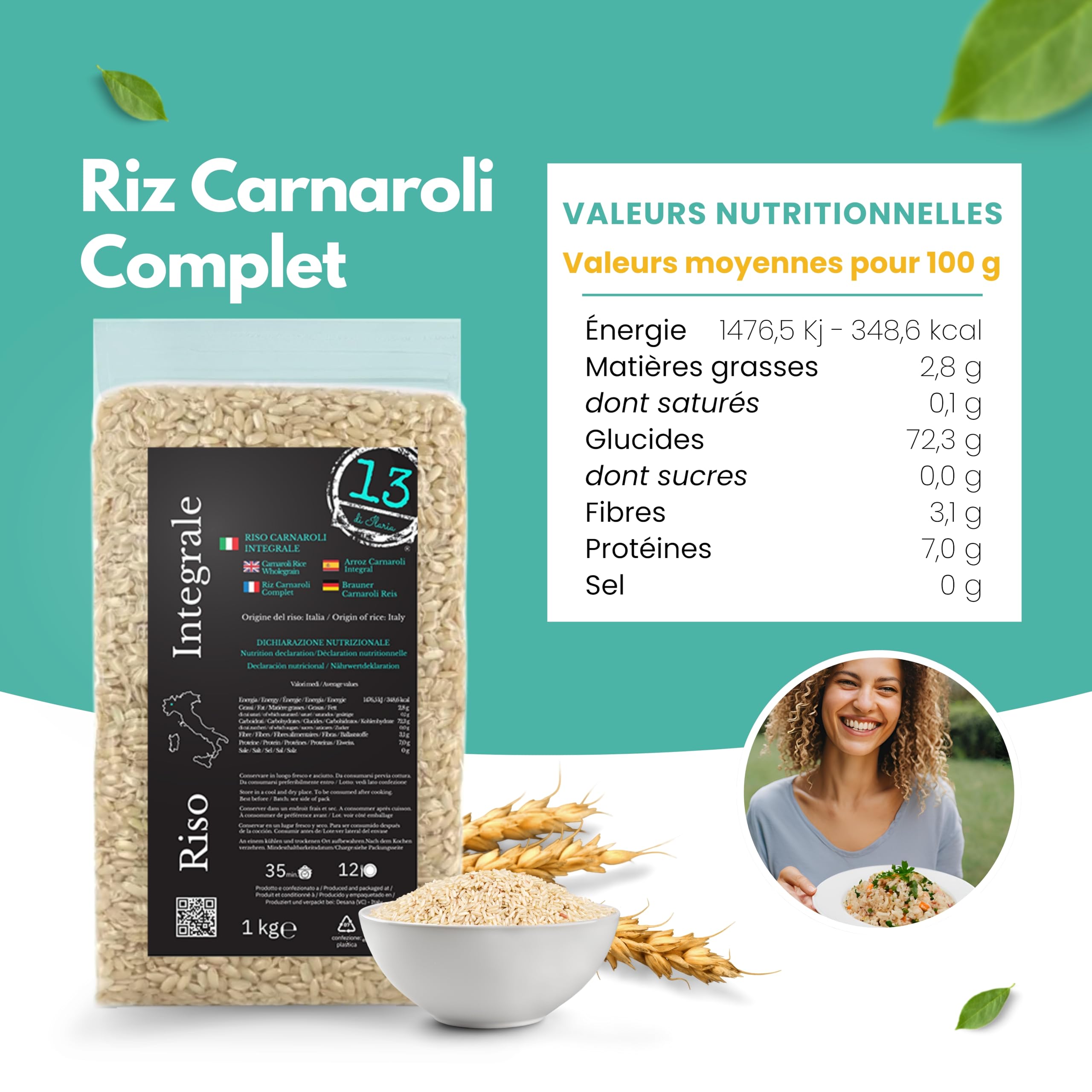 Riz Carnaroli Complet d'Italie 2 kg (2x1 kg) – Riche en Fibres | 2 sachets de 1 kg de riz Carnaroli complet d'Italie, cultivé à Vercelli, riche en fibres et naturellement sans gluten