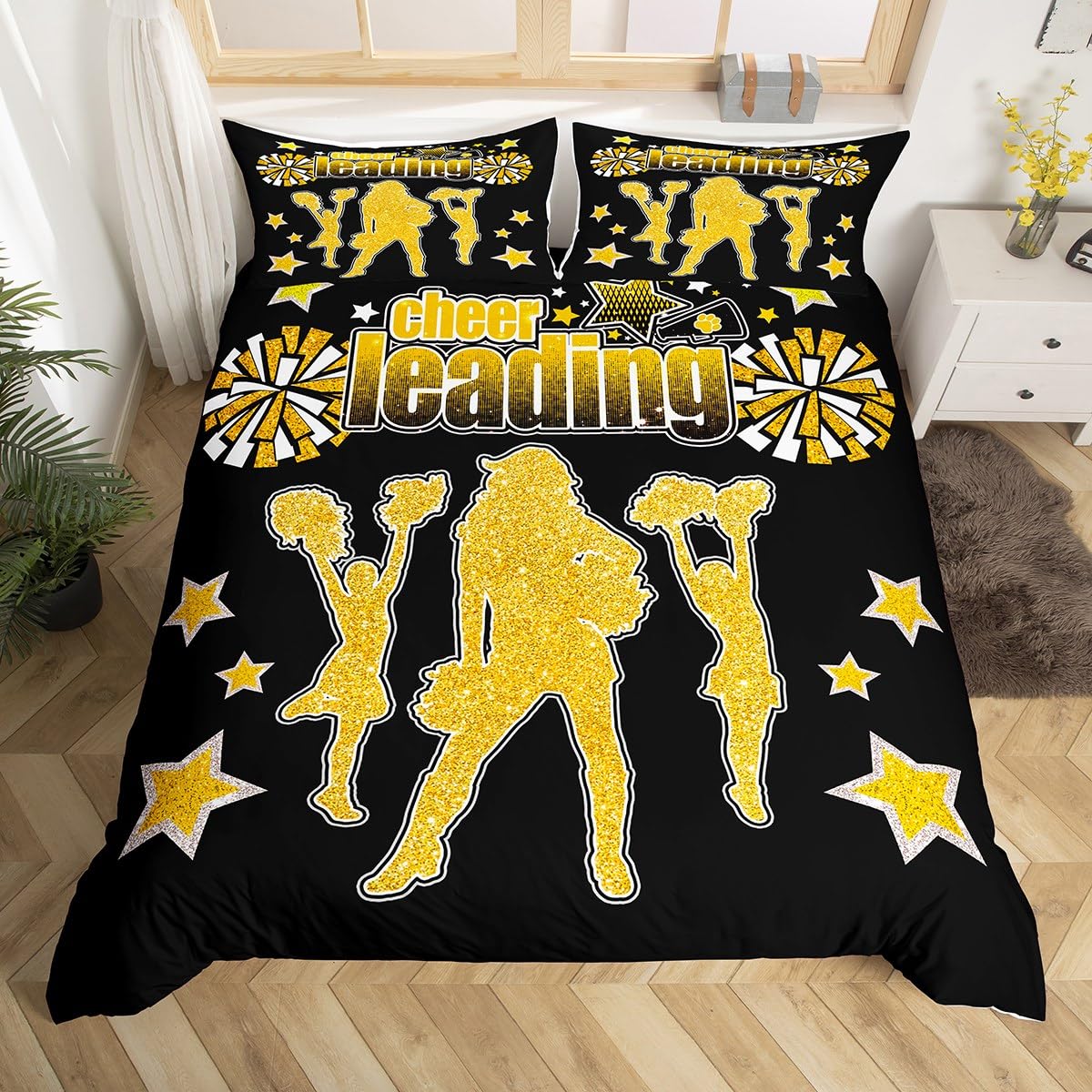 Manfei Cheerleader Team Gymnastik Bettbezug Set S Größe,Cheerleader Bettwäsche Set,Kinder Mädchen Frauen Zimmer Dekor,Gold Glitter Sterne Mode Tröster Abdeckung Schwarz Soft Quilt Cover,1 Kissenbezug