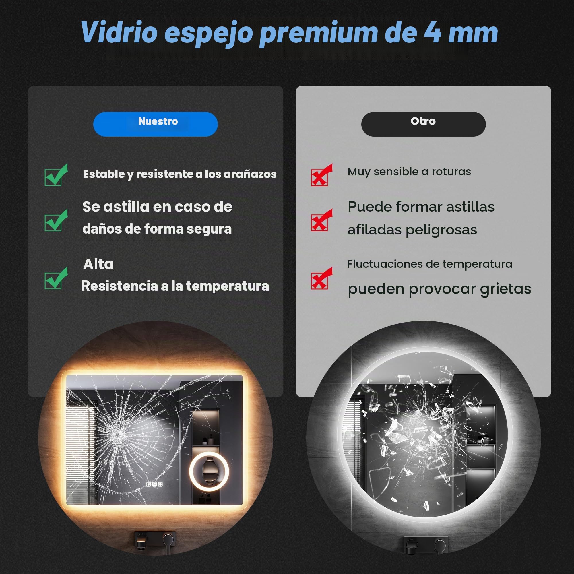 SONNI Espejo de baño LED con Bluetooth 100x60 cm, espejo de baño con iluminación y táctil, enchufe, 3 colores de luz, función antiempañamiento y de memoria, 3 aumentos