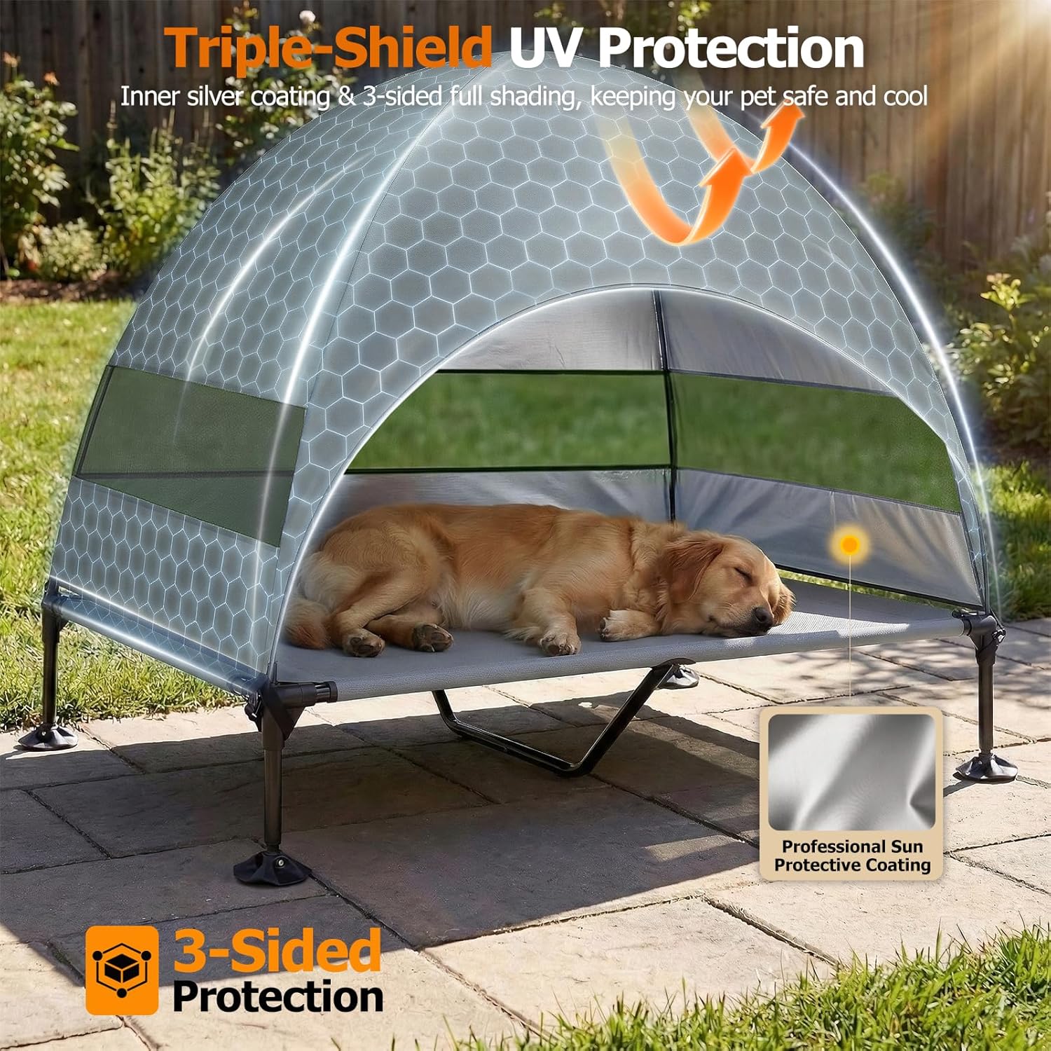 Elevated Dog Bed with UV-Proof Canopy, Outdoor Dog Tent with Powerful Adjustable Feet, Portable Pet Cot with Wider Shade, Raised Cooling Bed for Camping, Patio, Beach, Poolside
