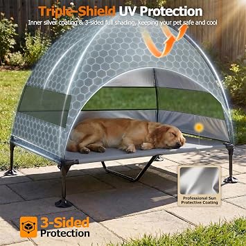 Elevated Dog Bed with UV-Proof Canopy, Raised Outdoor Dog Tent with Powerful Anti-Slip Feet, Portable Pet Cot with Wider Shade, Raised Cooling Bed for Camping, Backyard, Beach (Grey, XL)