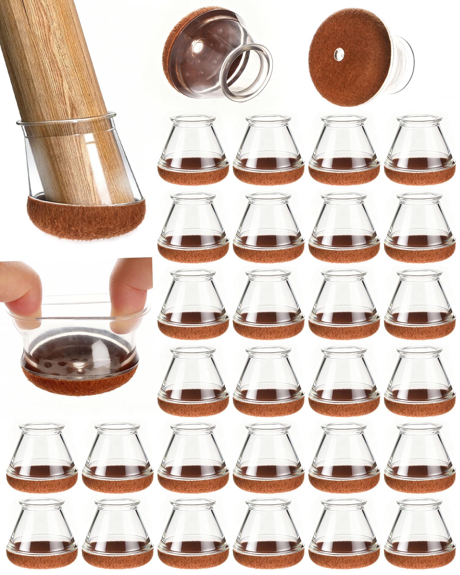 Acual 32 Pcs Chair Leg Floor Protectors,Furniture Pads Floor Protectors for Hardwood Floors,Transparent Silicone Chair Leg Caps with Stronger Felt Pads Clear-small(Fit:20-30mm)