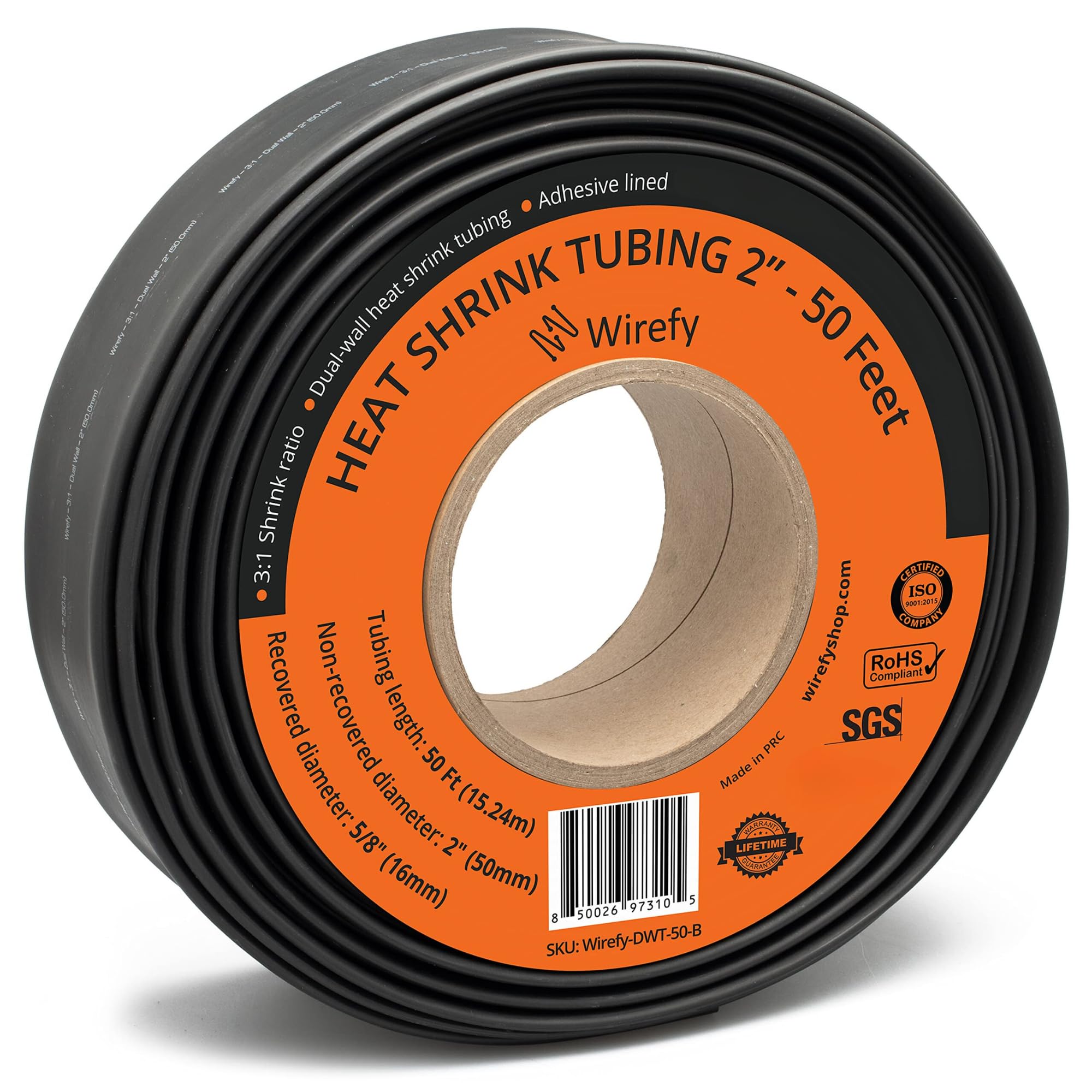 Wirefy | Heat Shrink Tubing - 2" inch - 3:1 Ratio - Adhesive Dual Wall Waterproof - Heat Shrink Tube - Heatshrink Tubes - Black - 50 Feet Roll |