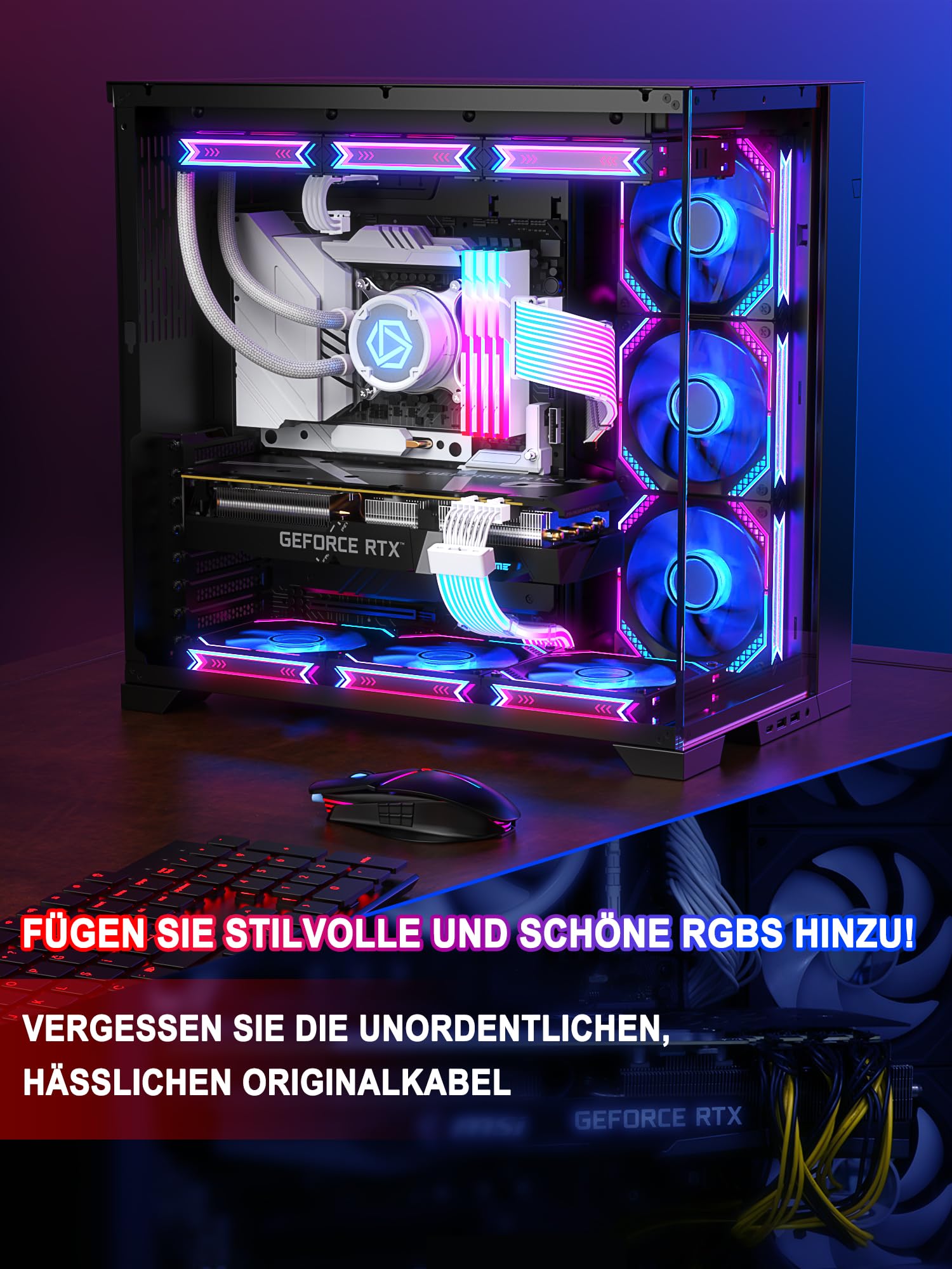 Sirlyr RGB PSU-Kabelverlängerung, ARGB PC-Netzteilkabel mit weichen LED-Streifen und PVC-ummanteltem Verlängerungskabel, 16AWG 24 Pin ATX Dual 8 Pin PCIE Set | 16 AWG PVC-ummanteltes Kabel, 24-poliger ATX und Dual-8-poliger PCIe, integrierte ARGB-LED-Stre