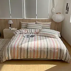 VClife Conjunto de capa de edredom de algodão lavado Queen (inclui 1 capa de edredom e 2 fronhas) capa de edredom moderna rosa laranja verde listrada com fecho de zíper 3 peças roupa de cama para