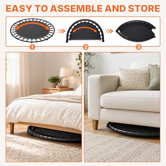 Juturna 40 Foldable Mini Trampoline, Rebounder Trampoline for Adults, 450lbs Capacity with Bungees, Adjustable Handle, Stable & Quiet, Fitness Trampoline for Kids