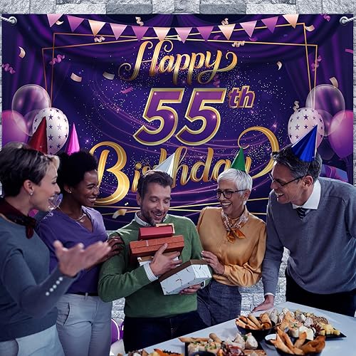 Miniatura 4 de Telón de fondo de feliz cumpleaños número 55 pancarta de feliz cumpleaños de 71 x 44 pulgadas, decoración de fiesta de cumpleaños morado y dorado,