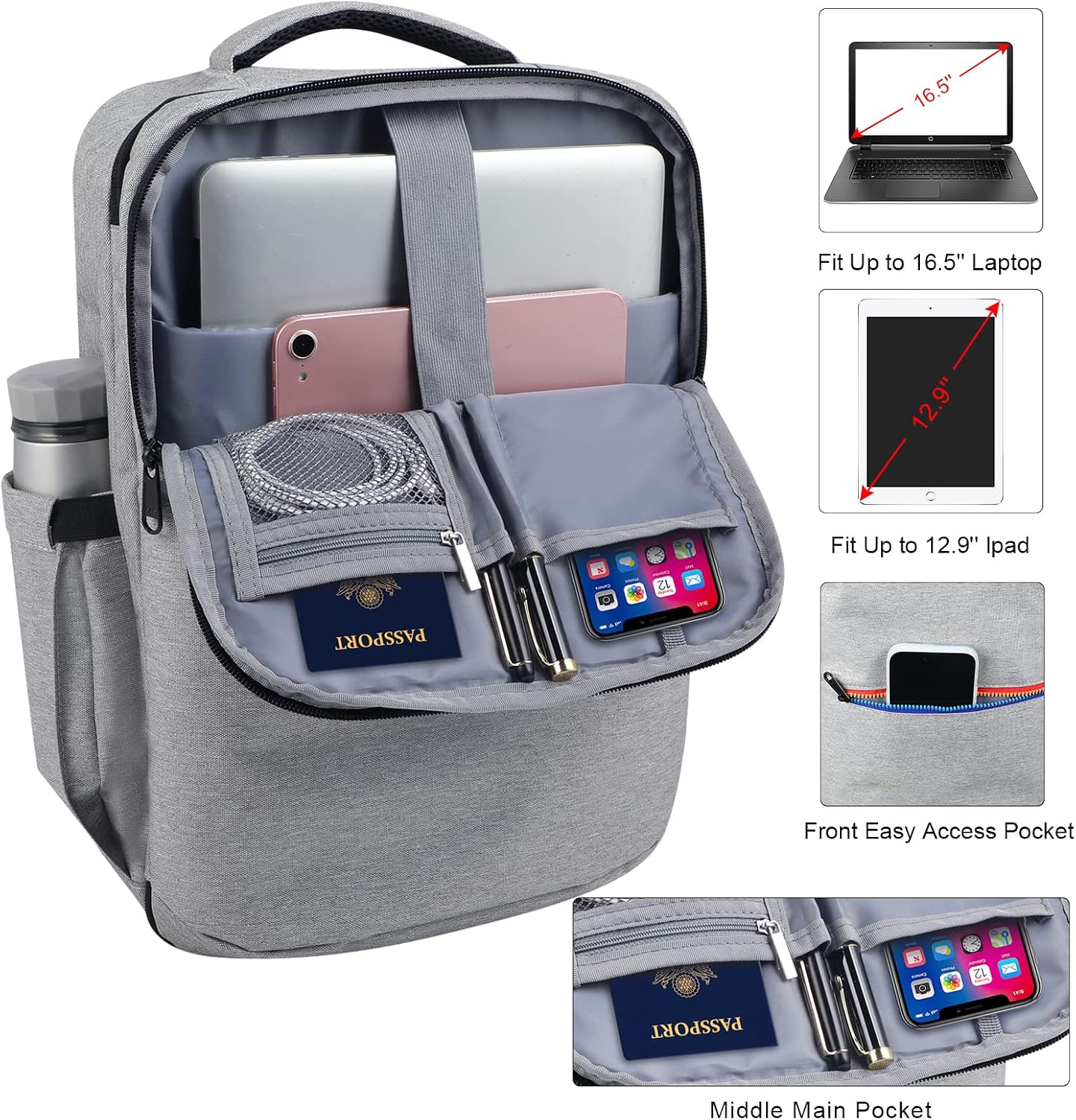 Travel Backpack for Men Women with USB Charging Port,TSA Flight Approved Carry on Backpack,15.6 inch Laptop Backpack for College School Business Trip Grey
