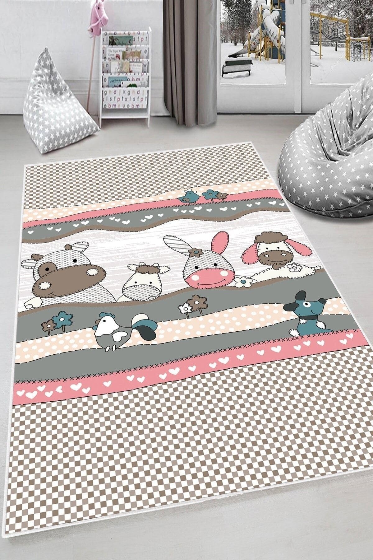 Pelangi Pembe Sevimli Hayvanlar Desenli Yıkanabilir Kaymaz Taban Leke Tutmazbebek Ve Çocuk Odası Halısı, Pembe-Kahve 80 x 400