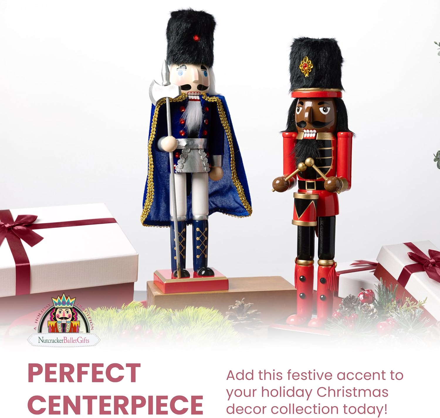 Nutcracker Ballet Gifts, King Nutcracker Christmas Ornaments, African American Wooden Figure Decoration with Metallic Red and Gold Uniform for Holiday Home Decor, Ideal Xmas Ornament, Large, 14 Inch