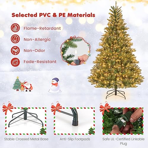 Miniatura 6 de Goplus Árbol de Navidad artificial preiluminado de 6 pies, árbol de Navidad con bisagras con 500 luces incandescentes blancas cálidas, 912 puntas de