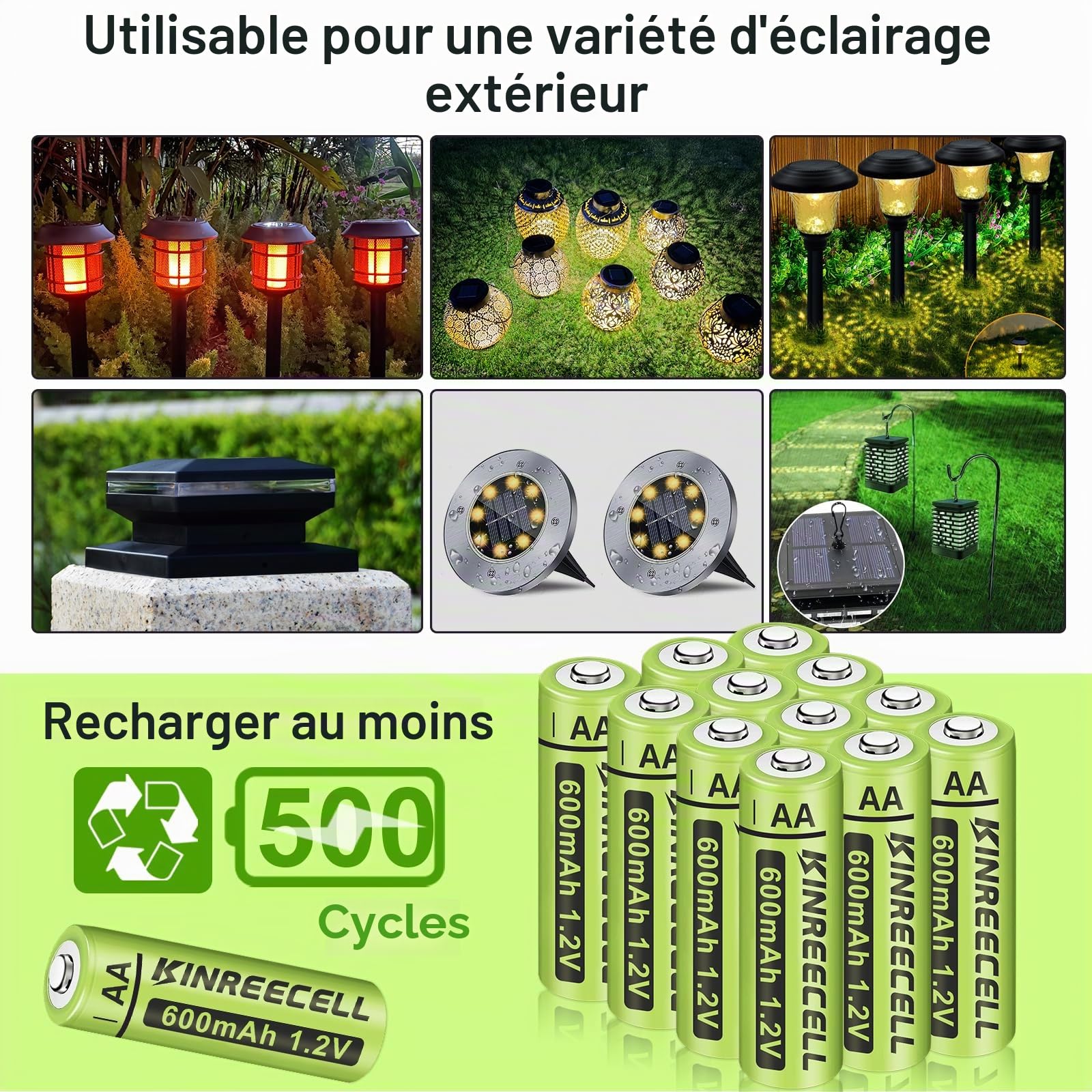 Batteries Rechargeables AA Ni-MH 1,2V pour Lampes Solaires, Guirlandes Lumineuses (Pack de 12)