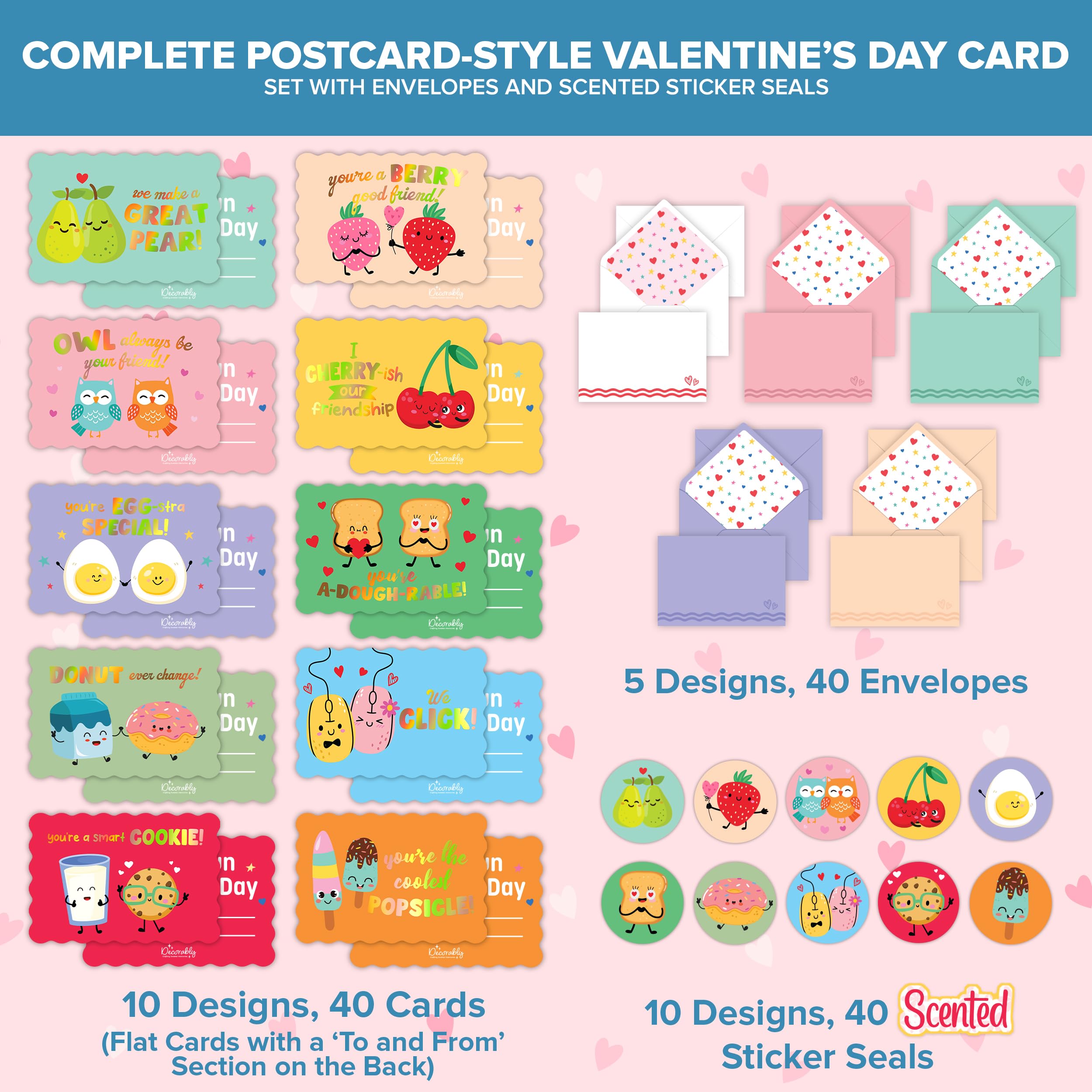 Amazon.com : Decorably 40 Pack Holographic Postcard-Style 4.7x3in Valentines  Cards for Kids with Envelopes and Scented Stickers, 12 Funny Designs for  Loved Ones - Hearts' Day, Gifting, Mailing : Office Products