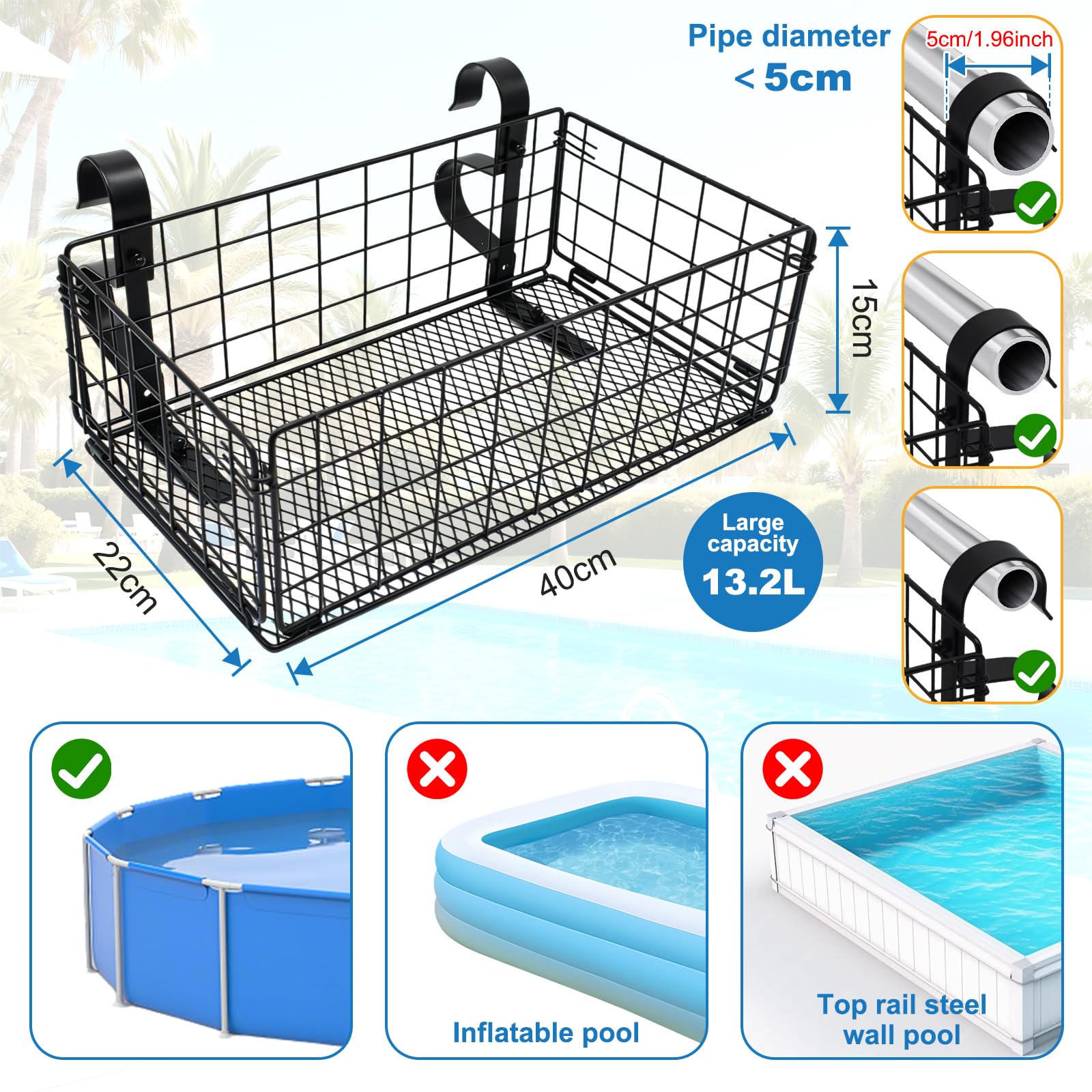 Panier de Rangement au Bord de la Piscine, Pliable Panier Rangement Piscine Hors Sol en Métal Motif Ajouré Accessoire de Piscine pour Les Jouets de Piscine, Les Serviettes, Les Boissons