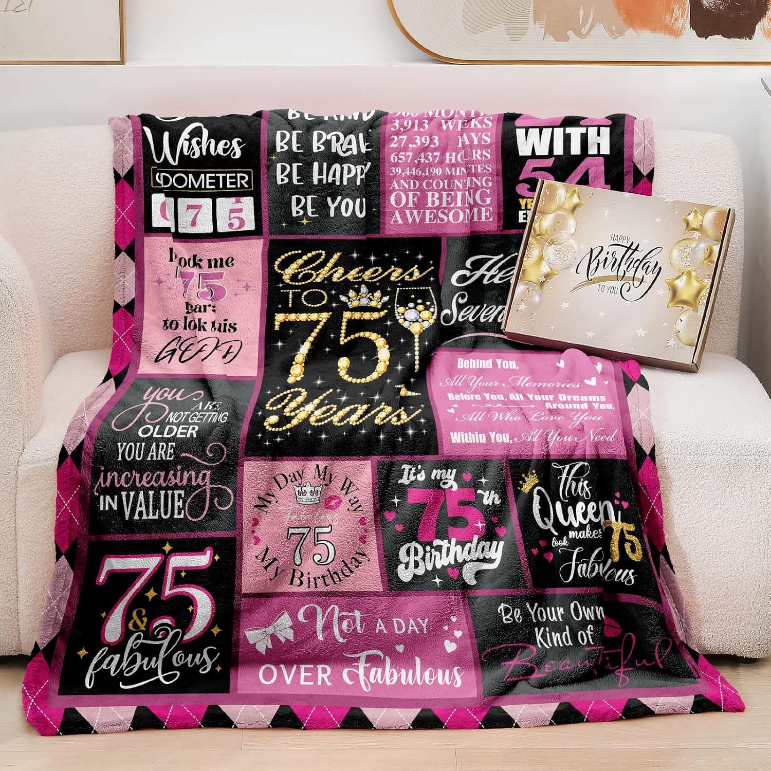 75th Birthday Gifts for Women Gift for 75 Year Old Woman Birthday Unique Happy 75th Birthday Gifts for Her Best Friend Mom Sister Wife Throw Blanket 60x50 Inch(Pink) - Image 4