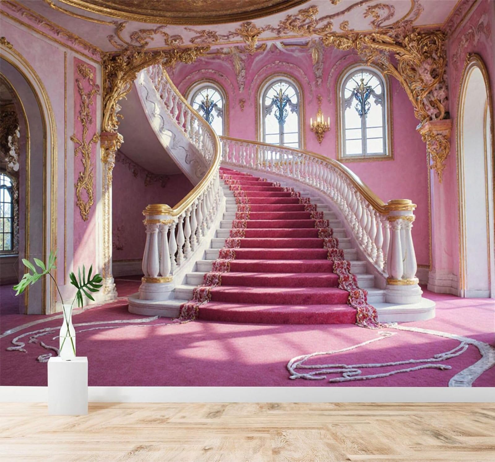 Xlming 300Cm×210Cm(B×H) Elegant Pink Palace Staircase Golden Decorations Windows 3D Wallpaper Premium Textured Silk Study Dining Living Room Bedroom Sofa Tv Wall Easy Install-300Cm×210Cm