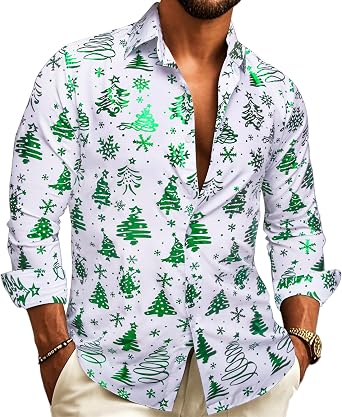 Barry.Wang Mens Christmas Shirts Xmas Holiday Party Button Down Dress Shirts Long Sleeve Snowflake Tree Shirt Halloween