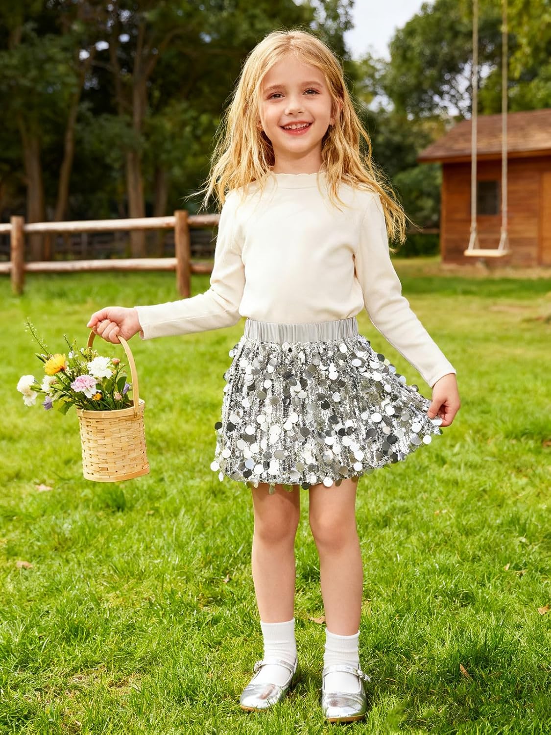 Sparkly Sequin Skirt for Girls Toddler & Kids Elastic Waistband Skirts with Lining - Image 2
