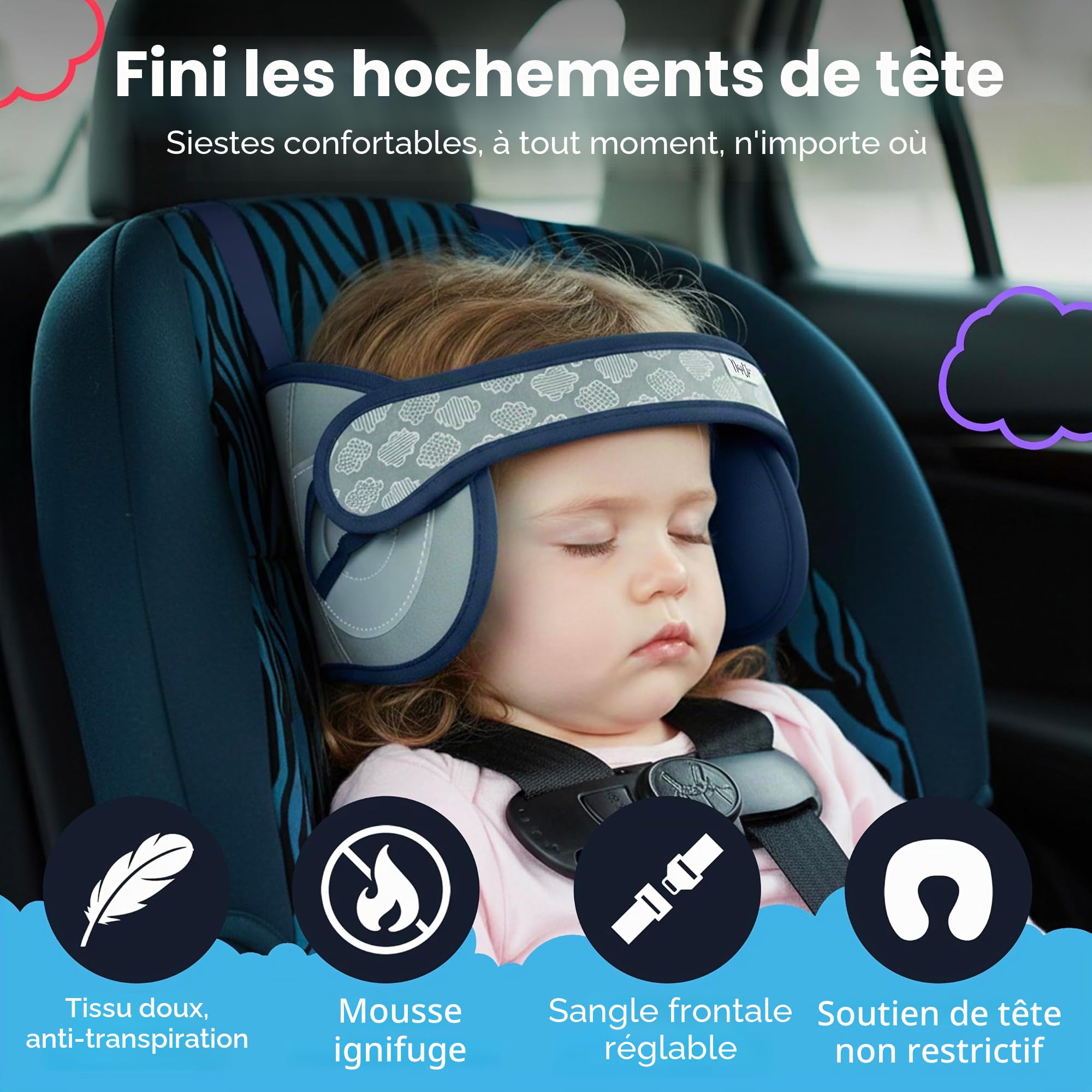 NAPUP Support de tête pour enfants pour sièges de voiture – Solution de soutien sûre et confortable pour la tête et le cou pour sièges de voiture orientés vers l'avant et rehausseurs à dossier haut –