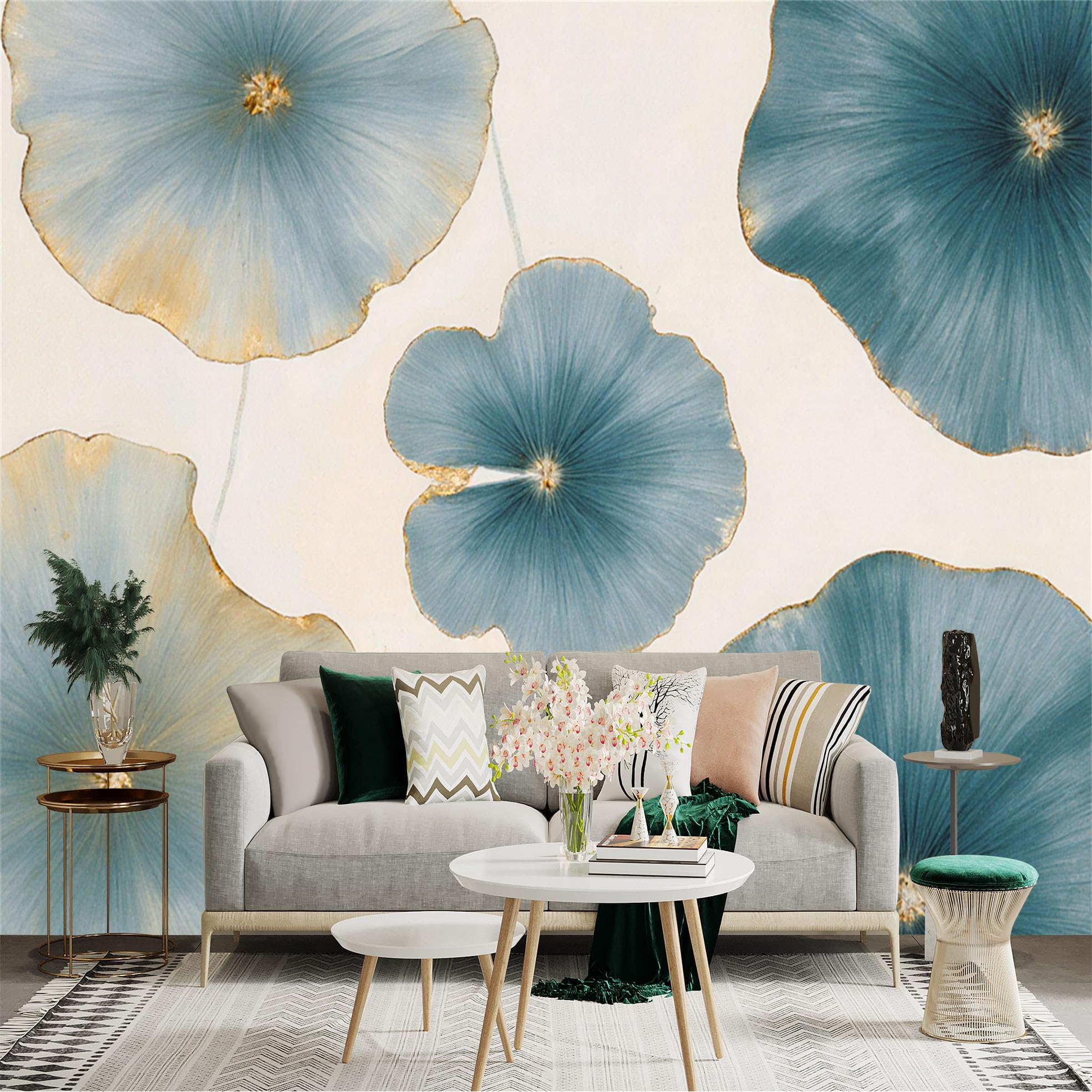 Custom Size Wall Sticker Mural， Blue Lotus Leaves with Gold Edges， Abstract Botanical Art， Minimalist Floral Decor， for wall Decoration， peelandstick wall Decals.