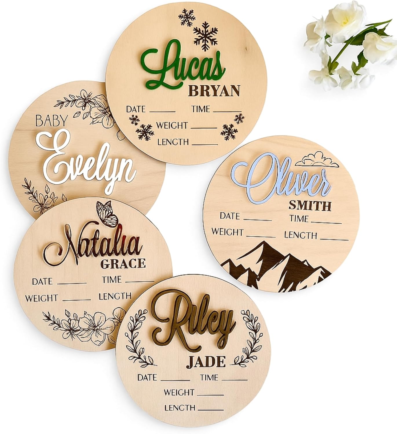 FranJohnsonHouse Personalized Baby Announcement Sign, Custom Name & Birth Stats Plaque, Wooden Newborn Hospital Photo Prop, Boy or Girl, 5 Design Options