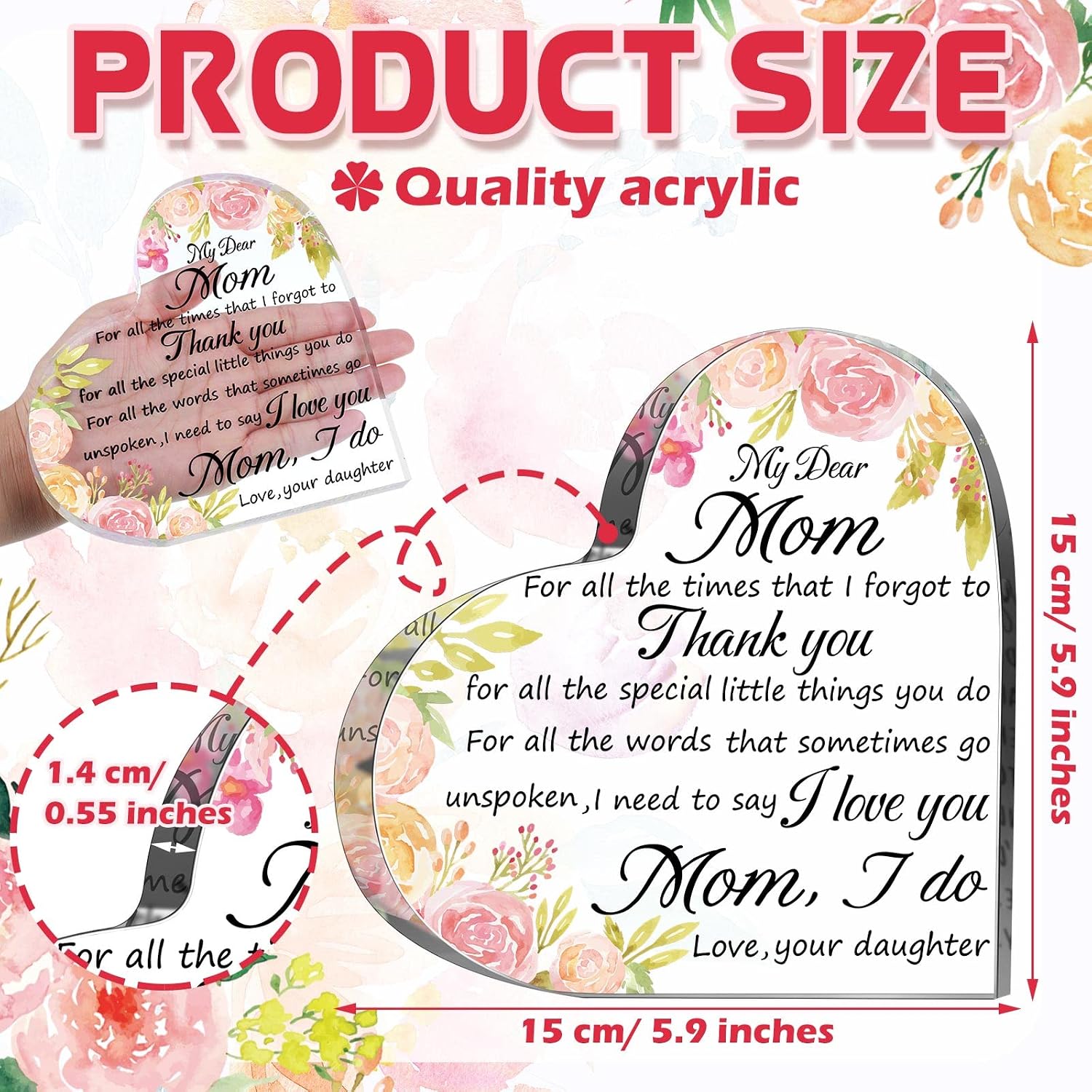 Jetec Mom Gifts for Mother's Day Heart Acrylic Women Mothers Birthday Gifts Sign Plaque Presents from Daughter Son Valentines Gift, 5.91 x 5.91 x 0.55 Inches(Flower)