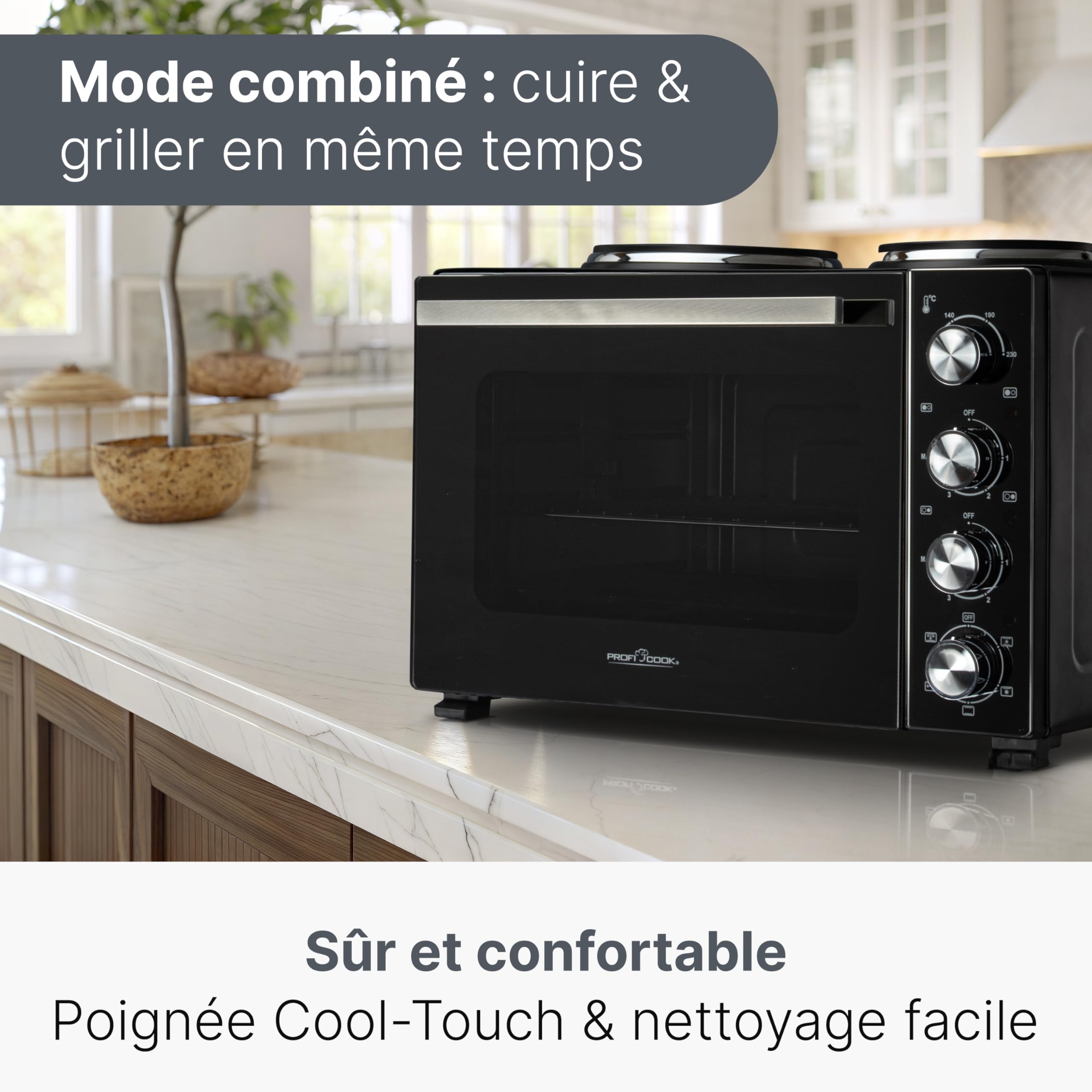 Mini-four ProfiCook® avec plaques de cuisson et broche rotative | 32 L | Chaleur tournante, chaleur supérieure, chaleur inférieure, broche rotative | Petit four | Mini-four | PC KK 1302