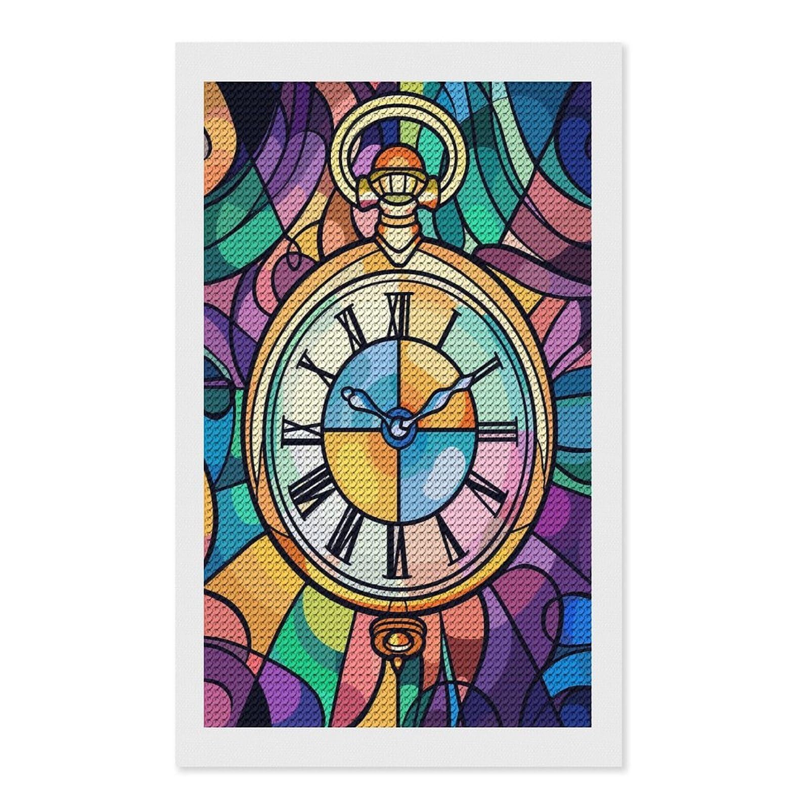 Junmoney Stained Glass Pocket Watch Art Diamond Art Kit 12"x20", Relaxing DIY Hobby, Satisfying Creative Project, Living Room Decor, for Women