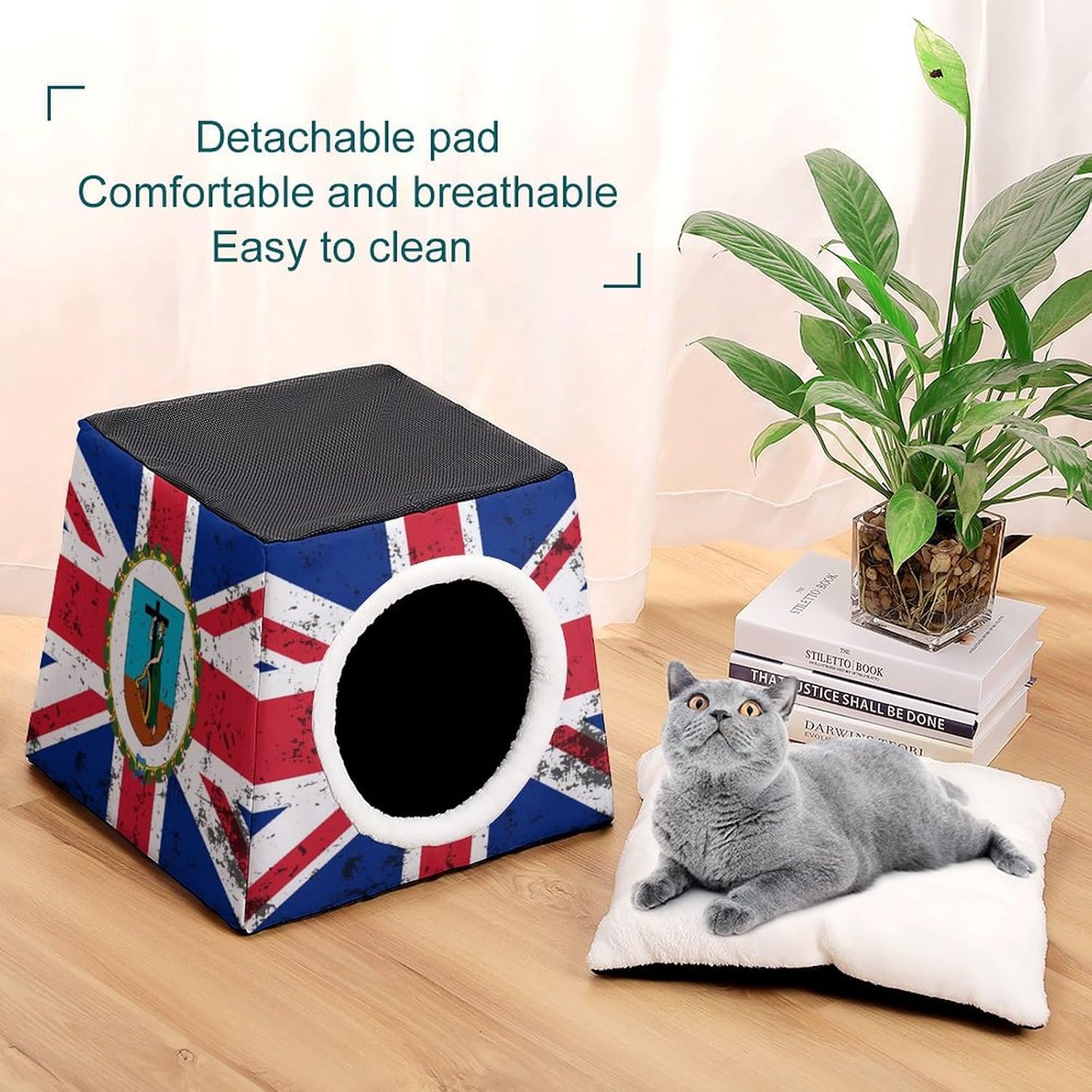 Retro Montserrat Flag Cat House for Indoor with Spacious Cat Nest