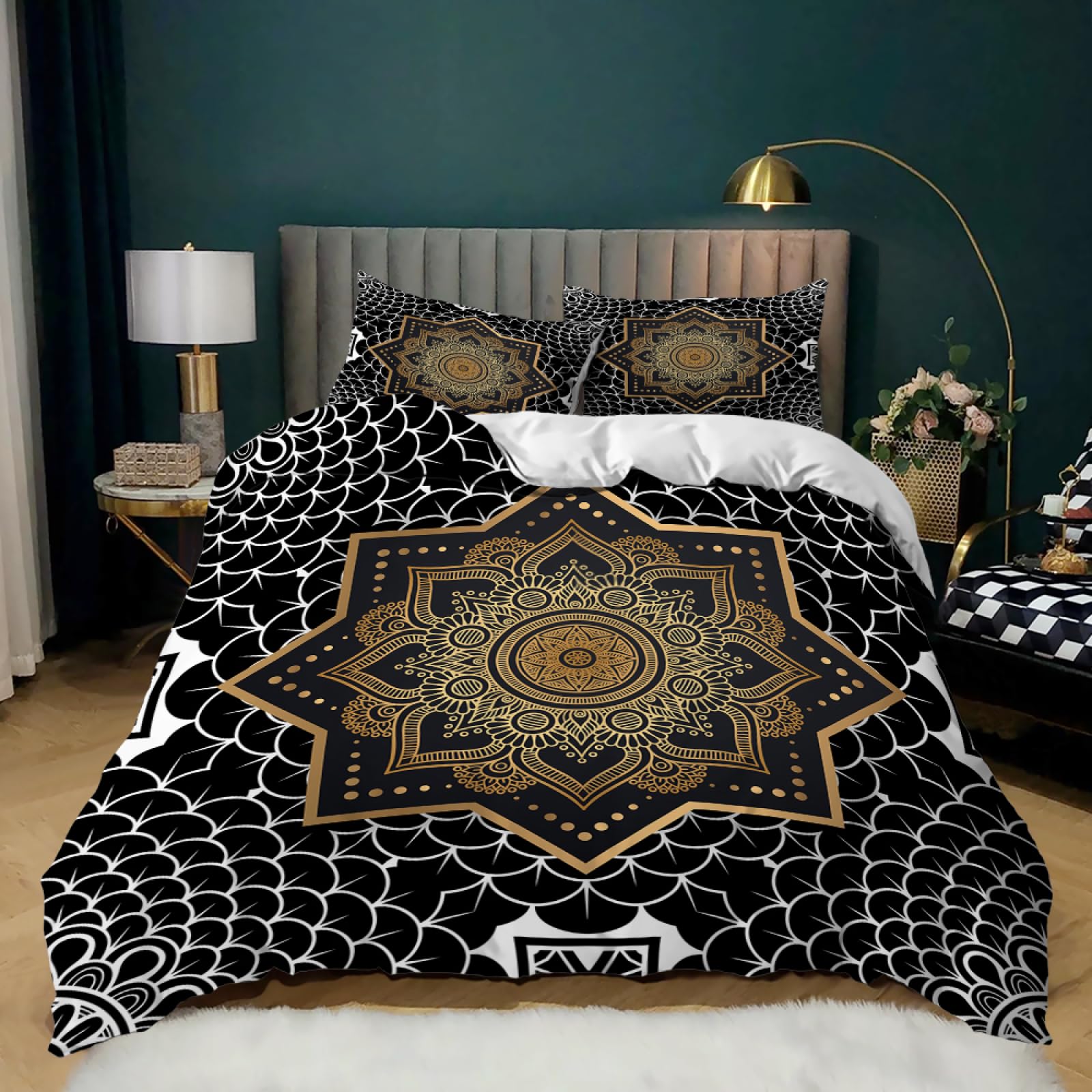 Double Duvet Set Golden Mandala Duvet Cover Sets 200X200,Printed Duvet Cover King Size,Comfy Breathable Quilt Cover, Bedding 3 Pcs with Zipper Closure + 2 Pillowcases