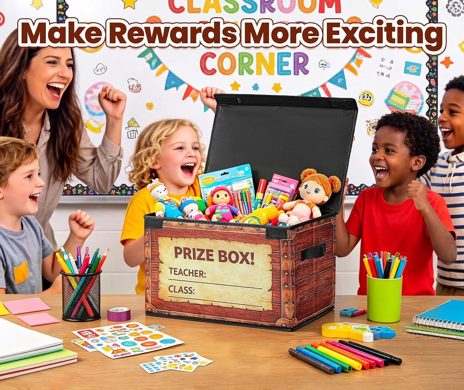 Classroom Treasure Chest Box for Teacher Rewards, 2 Pack | Prize Box With Writable Teacher/Class Labels, Reward Storage, Vintage Prize Theme, Sturdy Foldable Structure for Classroom