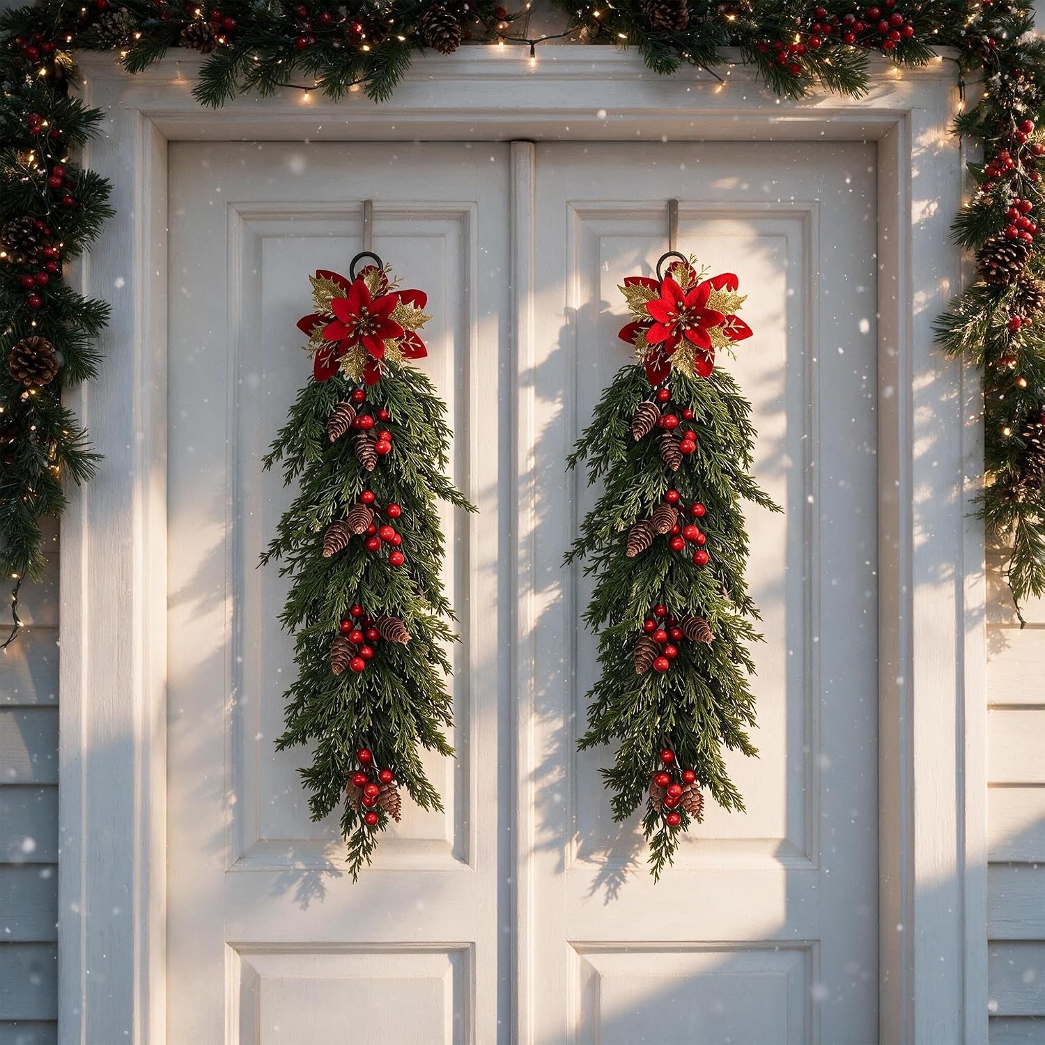 2 Pack Artificial Christmas Swag 25 Inch, Norfolk Pine Hanging Christmas Garland with Glitter Poinsettia, Red Berries & Pine Cones, Xmas Front Door Decoration, Fireplace Mantel Staircase Wall Décor