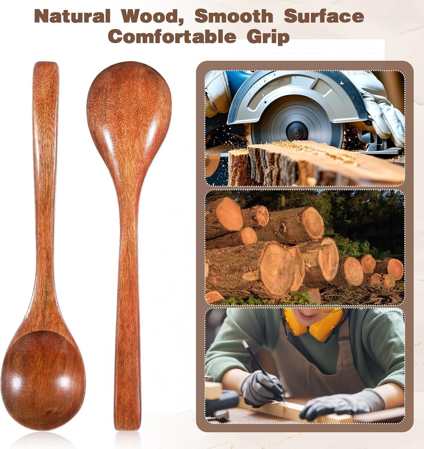 4 PCS Wooden Spoons for Eating, 7 Inch Wooden Soup Spoons