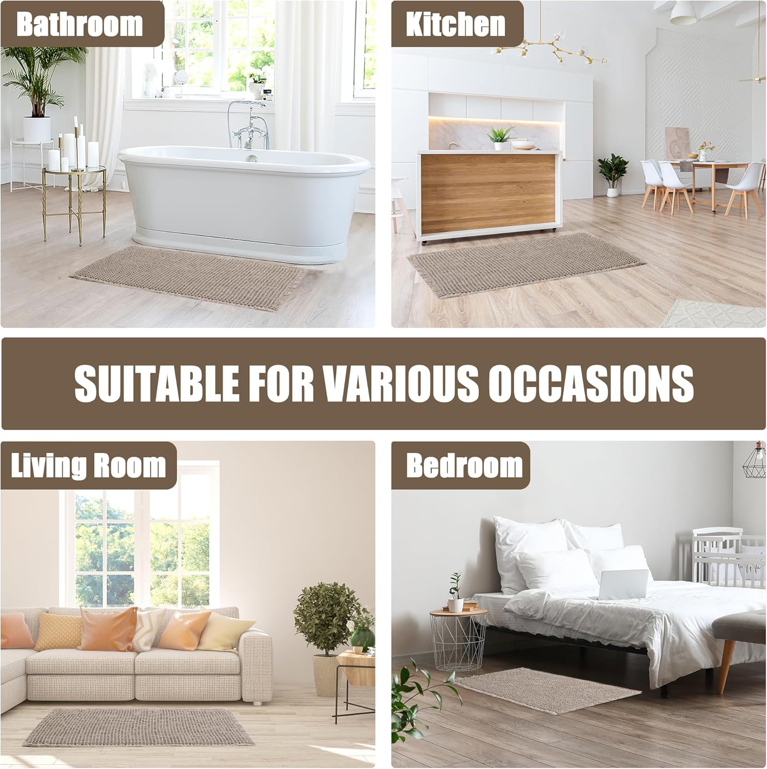 MABOZOO 2 Pieces Bathroom Rugs Set, Washable Waffle Bath Mats Super Absorbent Shower Mats, Quick Dry Boho Bath Mat Bath Rugs with Tassels for Bathroom Floor(24"X17"+30"X18", Brown) - Image 6