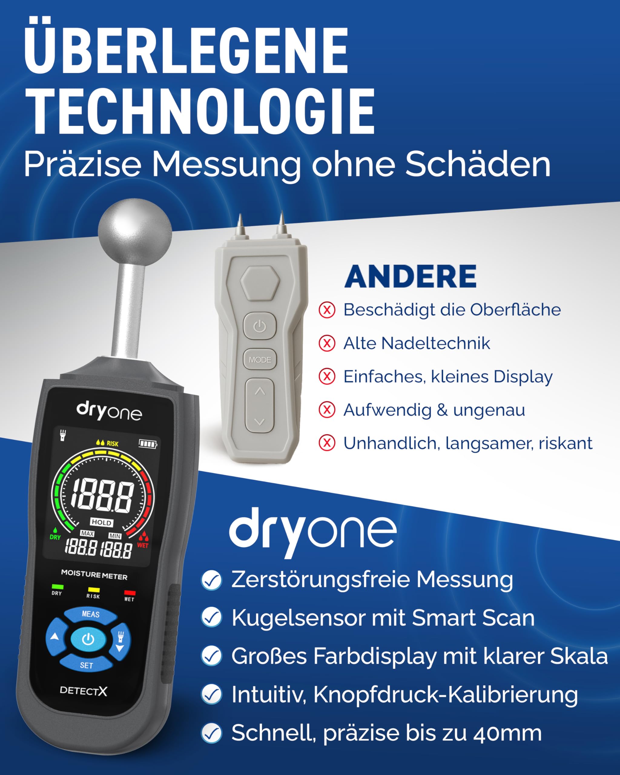 DryOne® DetectX Feuchtigkeitsmessgerät für Wand, Holz, Mauerwerk, Estrich & Beton - verlässliche Messung & einfache Bedienung - Feuchtigkeitsmesser & Wandfeuchtemessgerät gegen Schimmel & Schäden