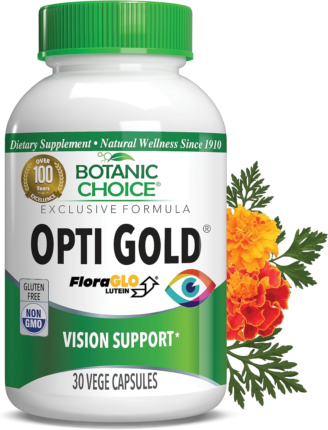 Botanic Choice Opti Gold Vision Eye Health Support Supplement - Six Nutrients and Vitamins with Taurine, Lutein Alpha Lipoic Acid and FloraGlo - Gluten Free, Non-GMO, 30 Capsules
