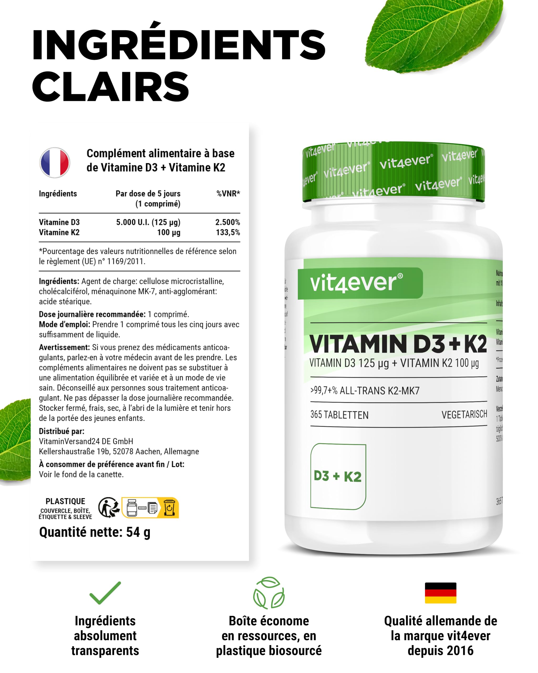 Vitamine D3 + K2 Depot - 365 comprimés - Matière première de première qualité : 99,7+% All-Trans (K2VITAL® de Kappa) - Avec 5000 U.I. de vitamine D3 par comprimé - Hautement dosé | 100 µg de vitamine K2 MK7, en lanoline, végétarienne, sans additifs inutil