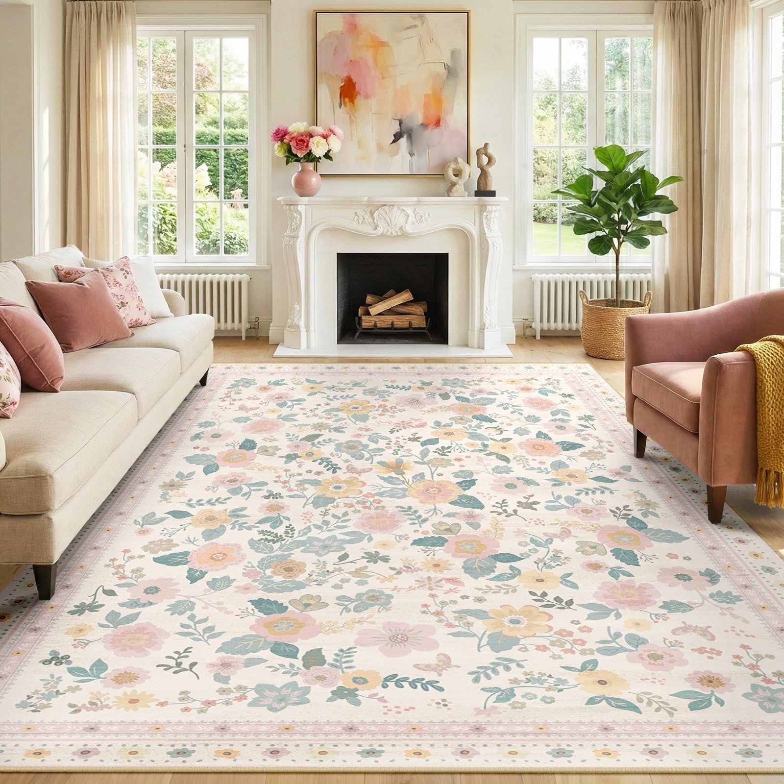 INOVADAY Machine Washable Rug 240x300 cm Non-Slip Low Pile Floral Print Area Rug for Living Room Bedroom Dining Room Bedside Kitchen Lounge Light Beige