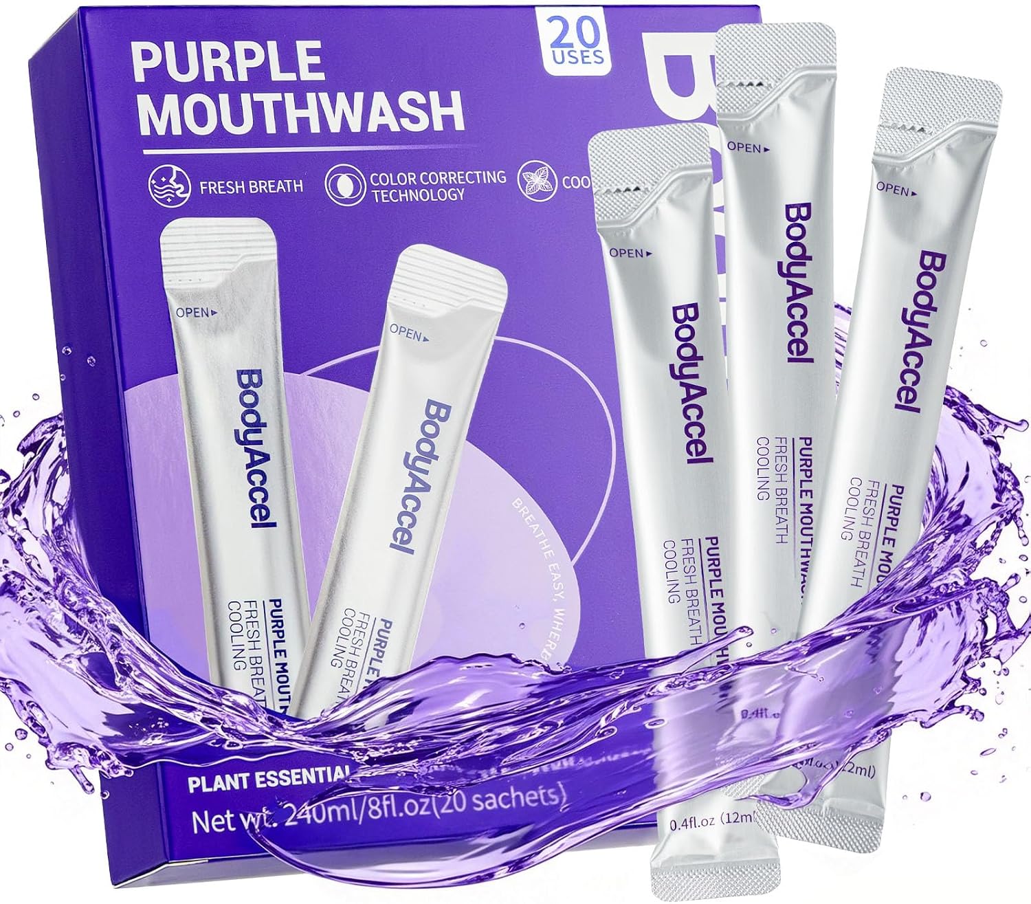 BodyAccel Purple Mouthwash for Teeth Whitening, Color Correcting Whitening Mouthwash with 20 Portable Sachets, Travel Mouthwash for Fresh Breath & Brighter Looking Teeth, Alcohol Free Gentle Oral Care