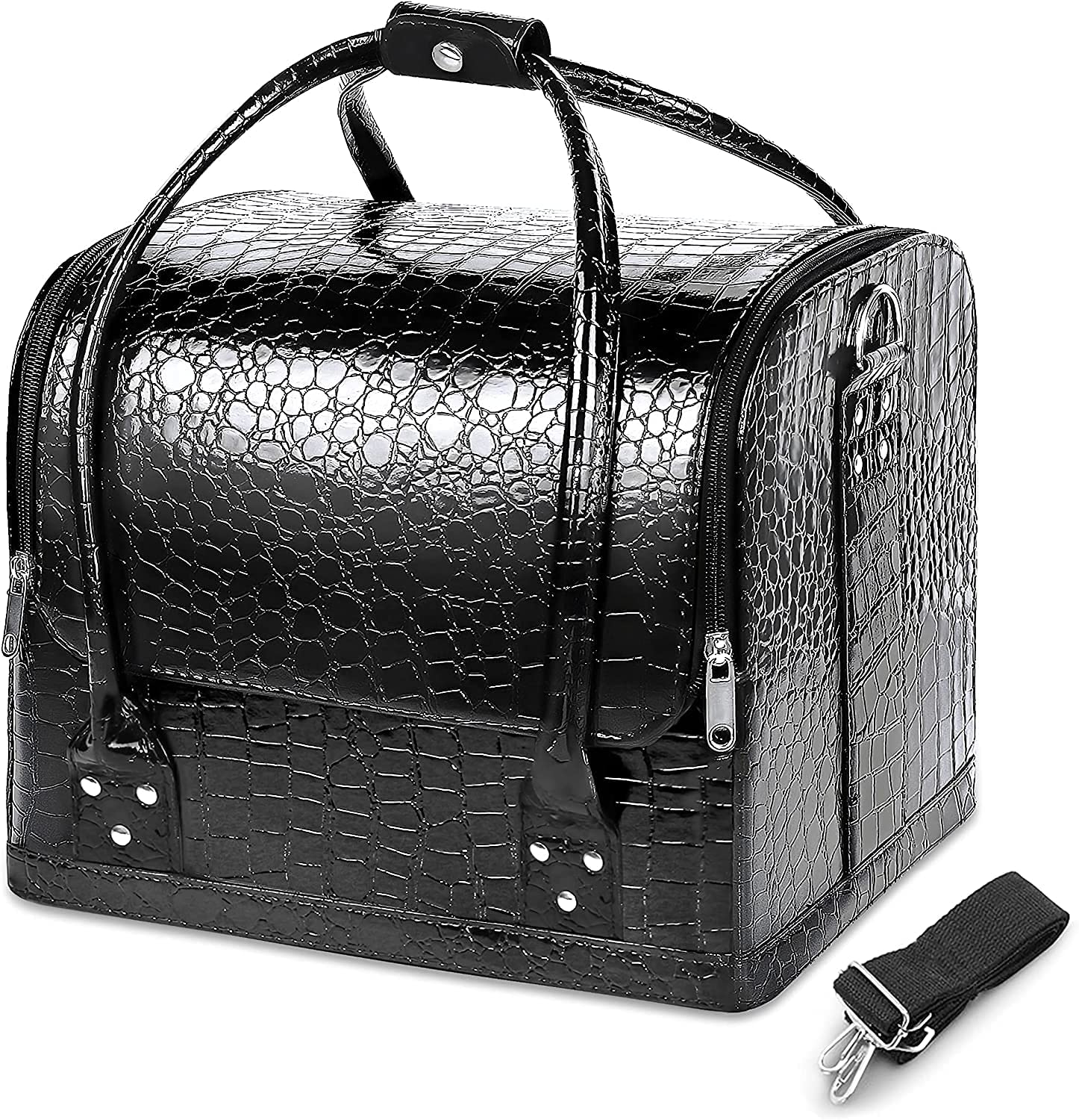 KRESHU Professional PU Leather Makeup Case | Beauty Box with 5 Sections - Large Waterproof Vanity Organizer - Ideal Travel Handbag for Women & Girls - Black-image-25
