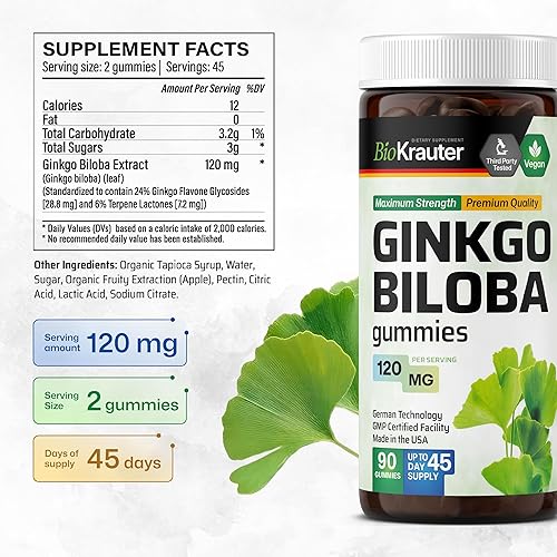 Miniatura 4 de MAUWE HERBS Gomitas de extracto de Ginkgo Biloba - Soporte cerebral y de memoria - Extracto estandarizado de ginkgo biloba orgánico de 120 mg - 90