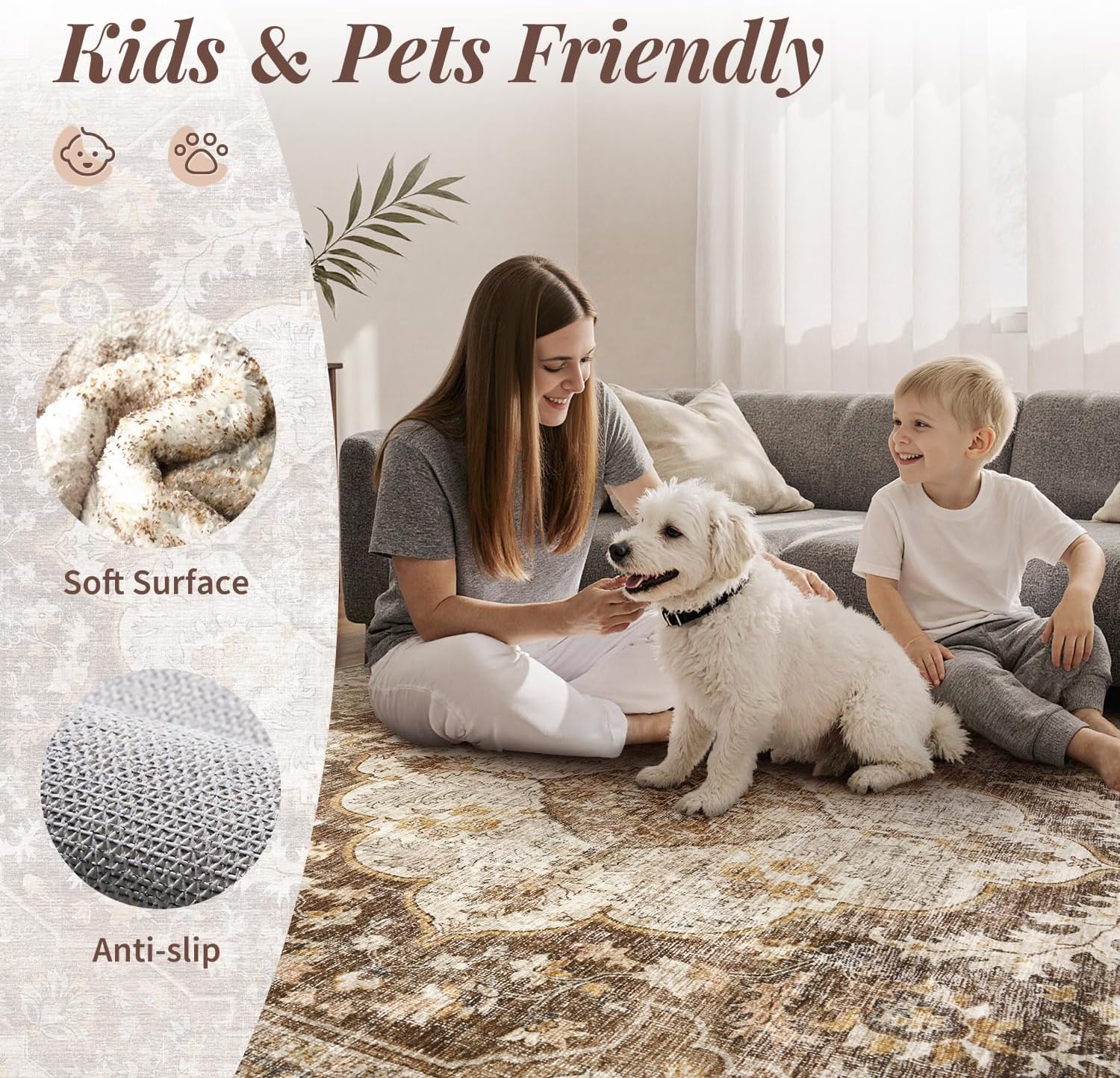 tchdio 3x5 Bedroom Area Rug, Non Slip Washable Entryway Rug Indoor, Soft Low Pile Vintage Door Mat, Stain Resistant Rug for Entrance, Bedside, Dining Room (Brown, 3'x5')