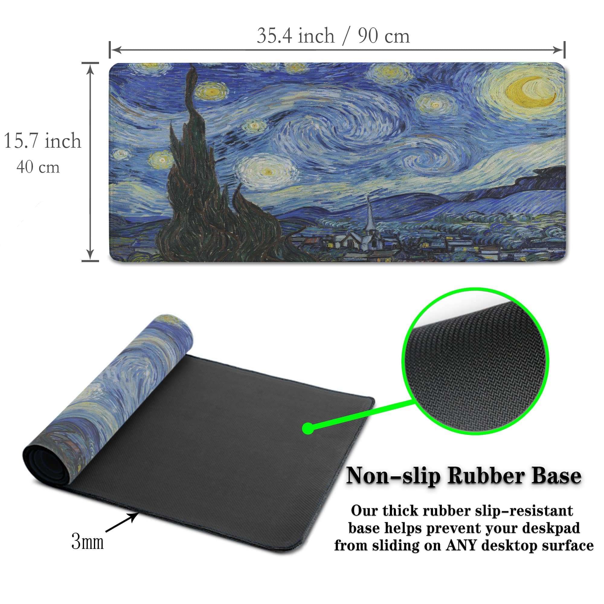 Alfombrilla para teclado y mouse, color azul, XXL, base de goma antideslizante, impermeable, con bordes cosidos, 35.4 x 15.7 pulgadas, para oficina de juegos, la noche estrellada