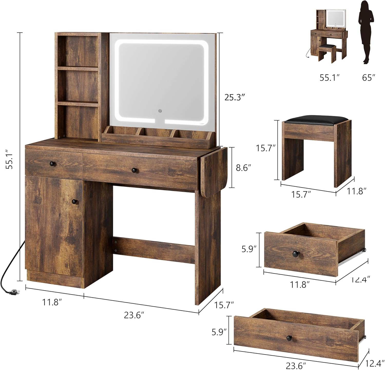 garveehome makeup vanity desk with mirror and lights, vanity table set with drawer & power outlet ? storage chair & 3 shelves, bedroom, brown