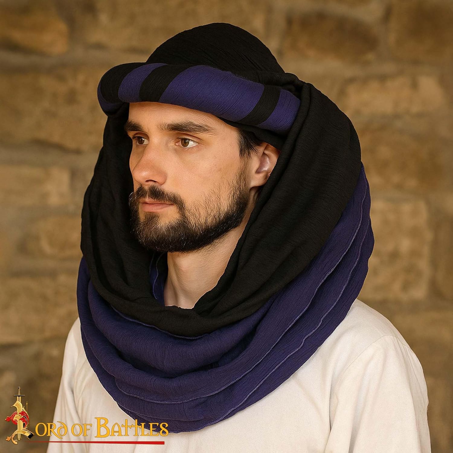 Lord of Battles Arabian Desert Cap Saracen Turban | Two-Tone Black & Violet Crepe Cotton Headwear | Long Scarf| Medieval Nomadic Turban