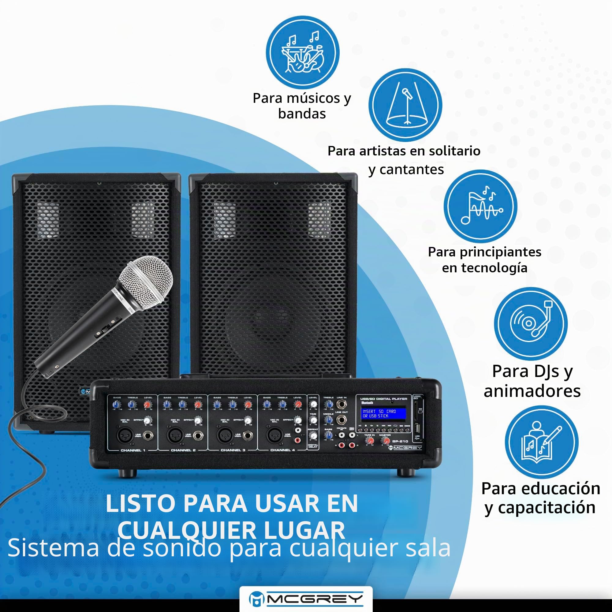 McGrey BP-210 Bandpack PA-Anlage 100 Watt, Entrada Jack no balanceada de 6 | Mezclador de potencia de 4 canales, Entrada XLR balanceada para micrófonos dinámicos, 35 mm, Time (140 - 342 ms) y Repeat