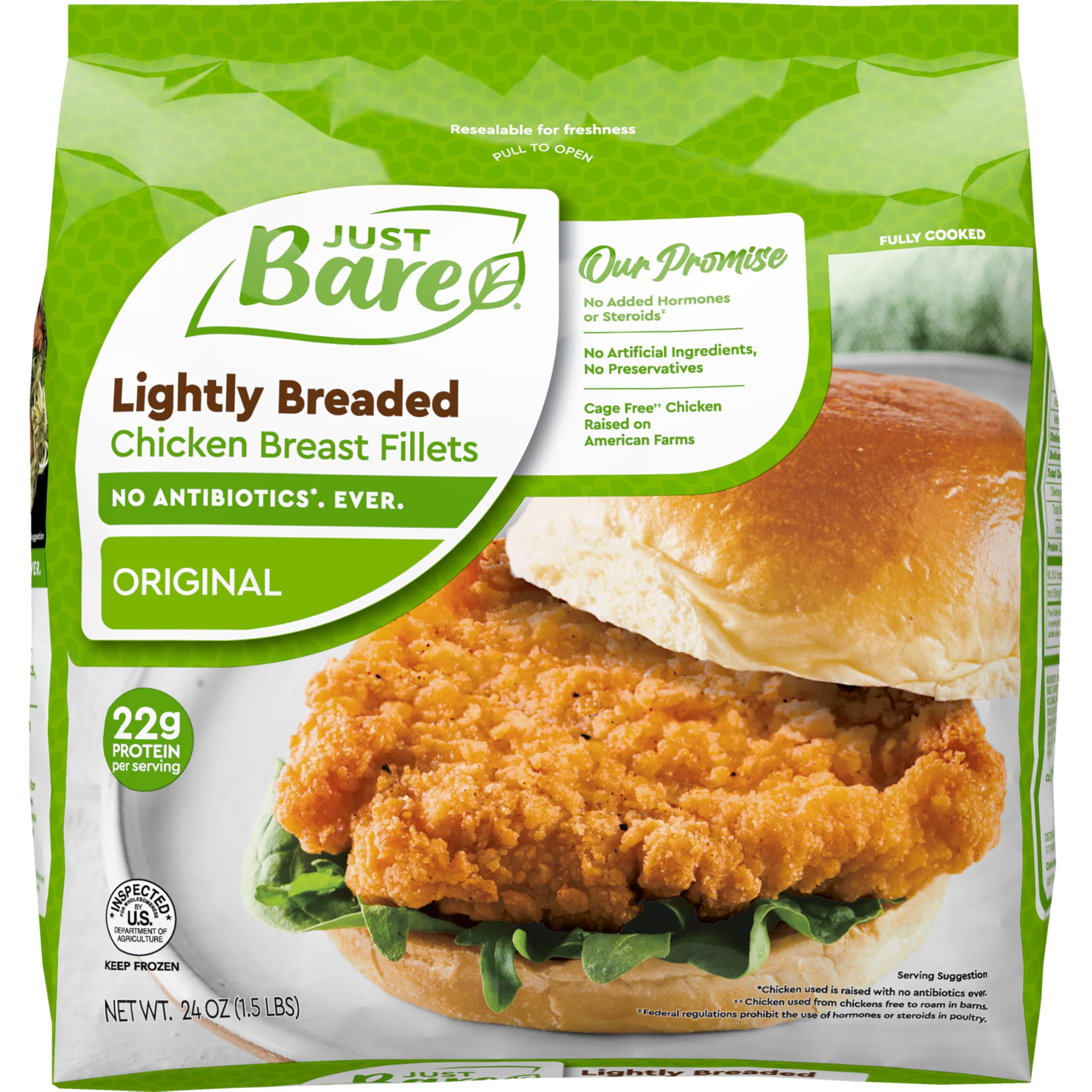 Just Bare Chicken Lightly Breaded Chicken Breast Fillets Fully Cooked 16 G Protein Frozen 1 5 LB